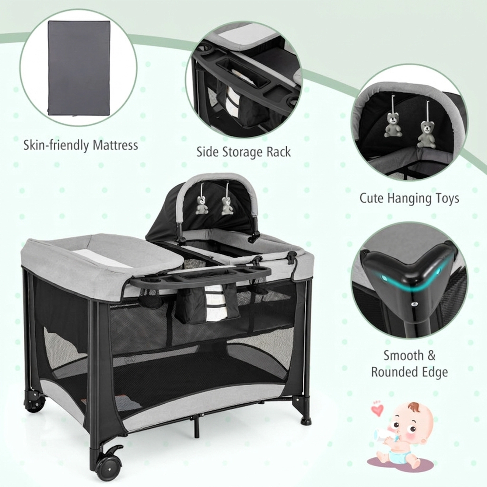 SUGIFT Baby 5-in-1 Removable Cradle Changing Table Storage Basket Playard 43.5-in x 31-in x 31-in 33-lb Capacity Black