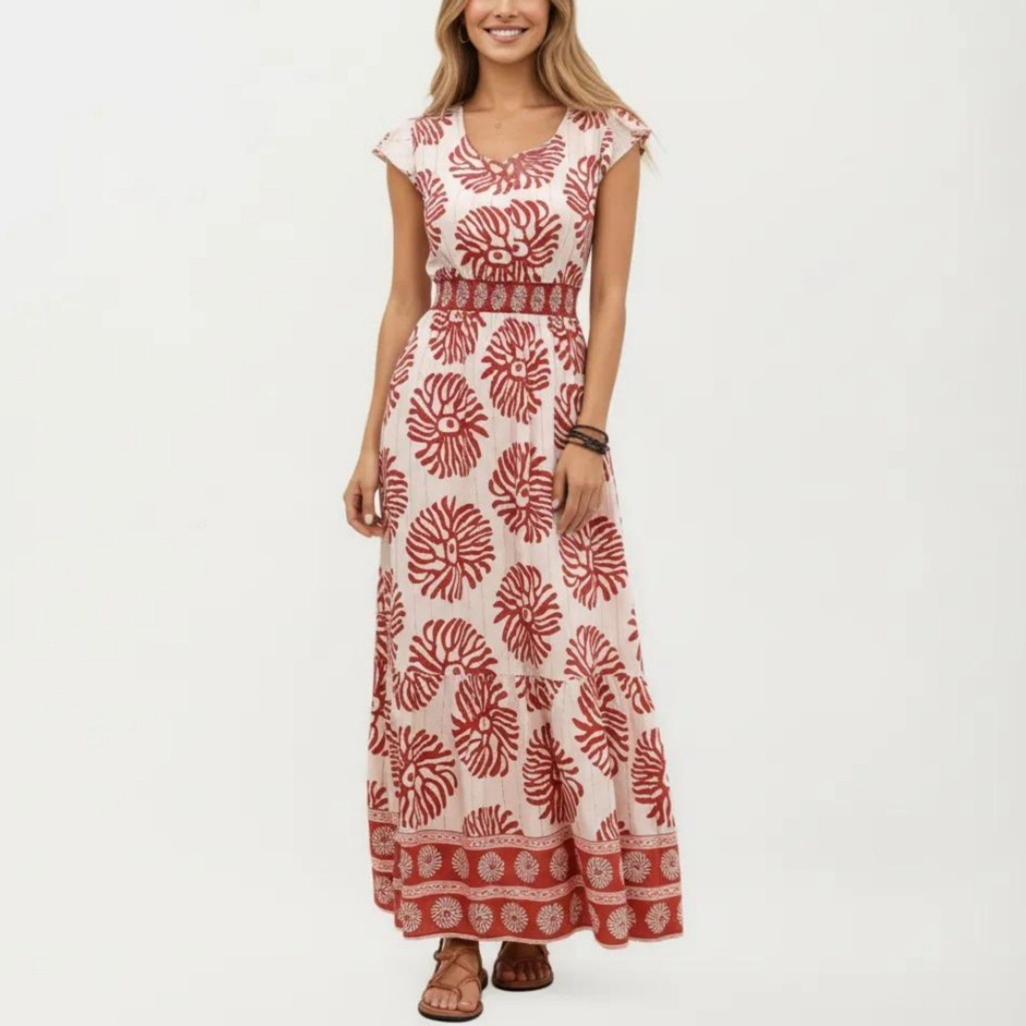 Anna-Kaci Women's Short Sleeve Printed V Neck Smocked Waist Tiered Flowy Silhouette Maxi Dress