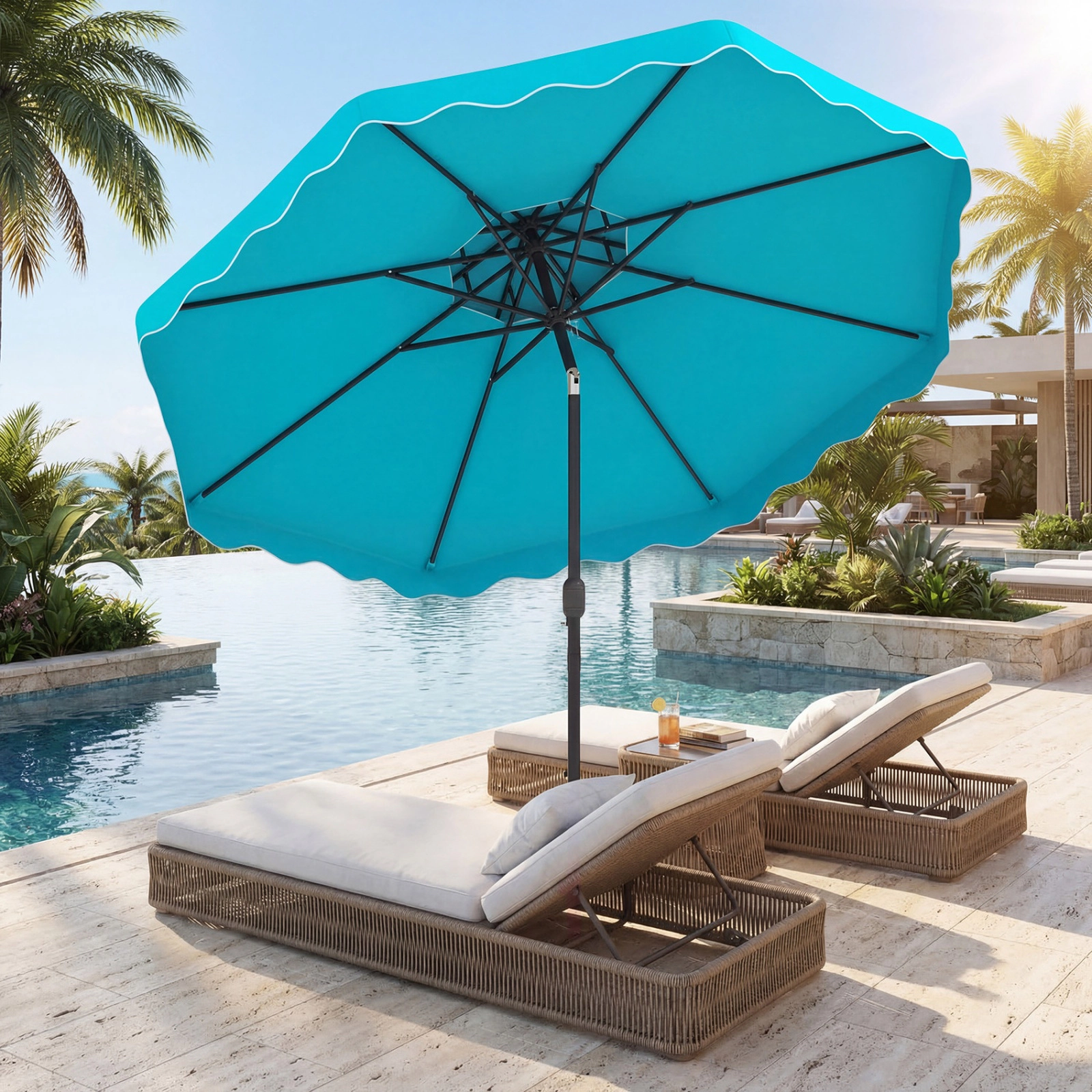 SUGIFT 9-ft Turquoise Patio Umbrella with Push Button Tilt Crank Lift 8 Ribs and Vented Double Top for Deck