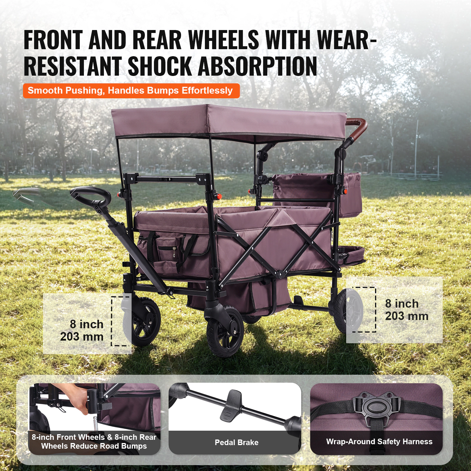 HONGGE Foldable Wagon Stroller for 2 Kids with Removable Canopy, Adjustable Handle & Wheel Brakes, Dark Purple