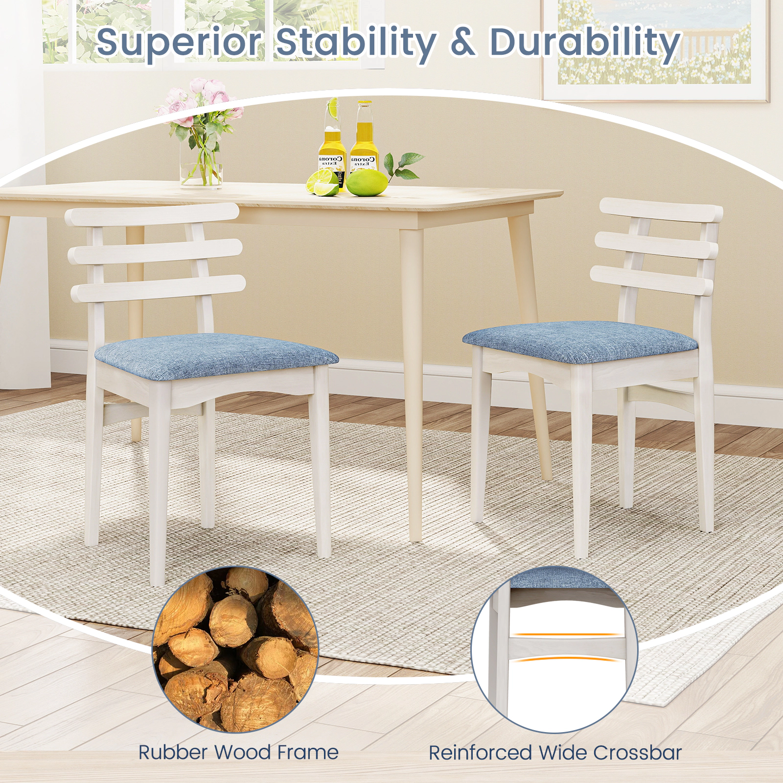 SUGIFT Set of 2 Light Blue Fabric Ladder-Back Dining Chairs with Padded Seats