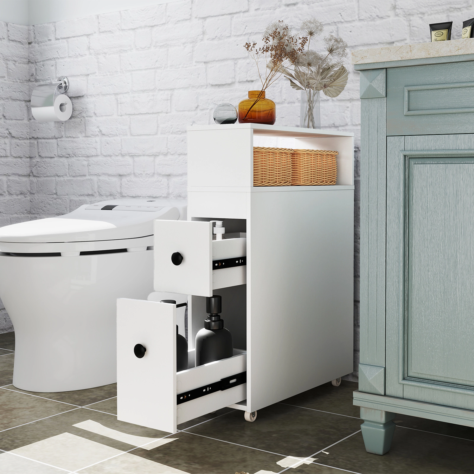 Slickblue White Narrow Bathroom Storage Cabinet with Wheels and Removable Baskets