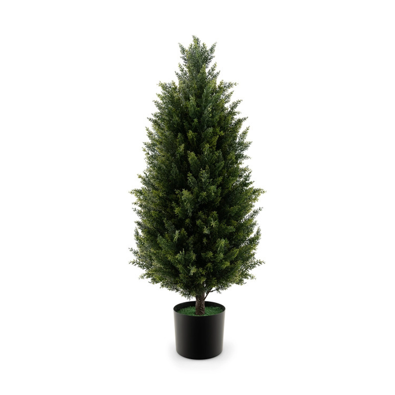 SUGIFT Dense Foliage Artificial Cedar Topiary Tree with Cement Plastic Pot 37-in Tall Green and Black with Faux Moss