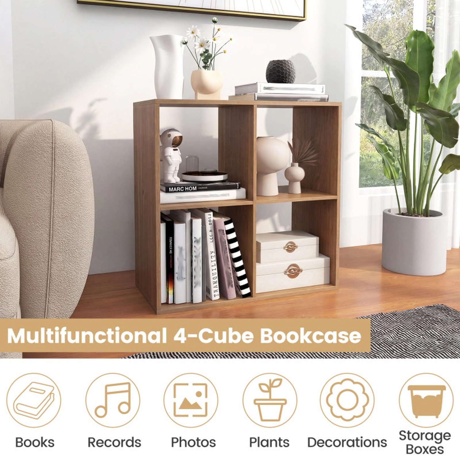 SUGIFT 4-Cube Bookshelf with Back Guardrail 100-lb Tabletop Capacity 22-lb Cube Capacity Natural White Black Coffee