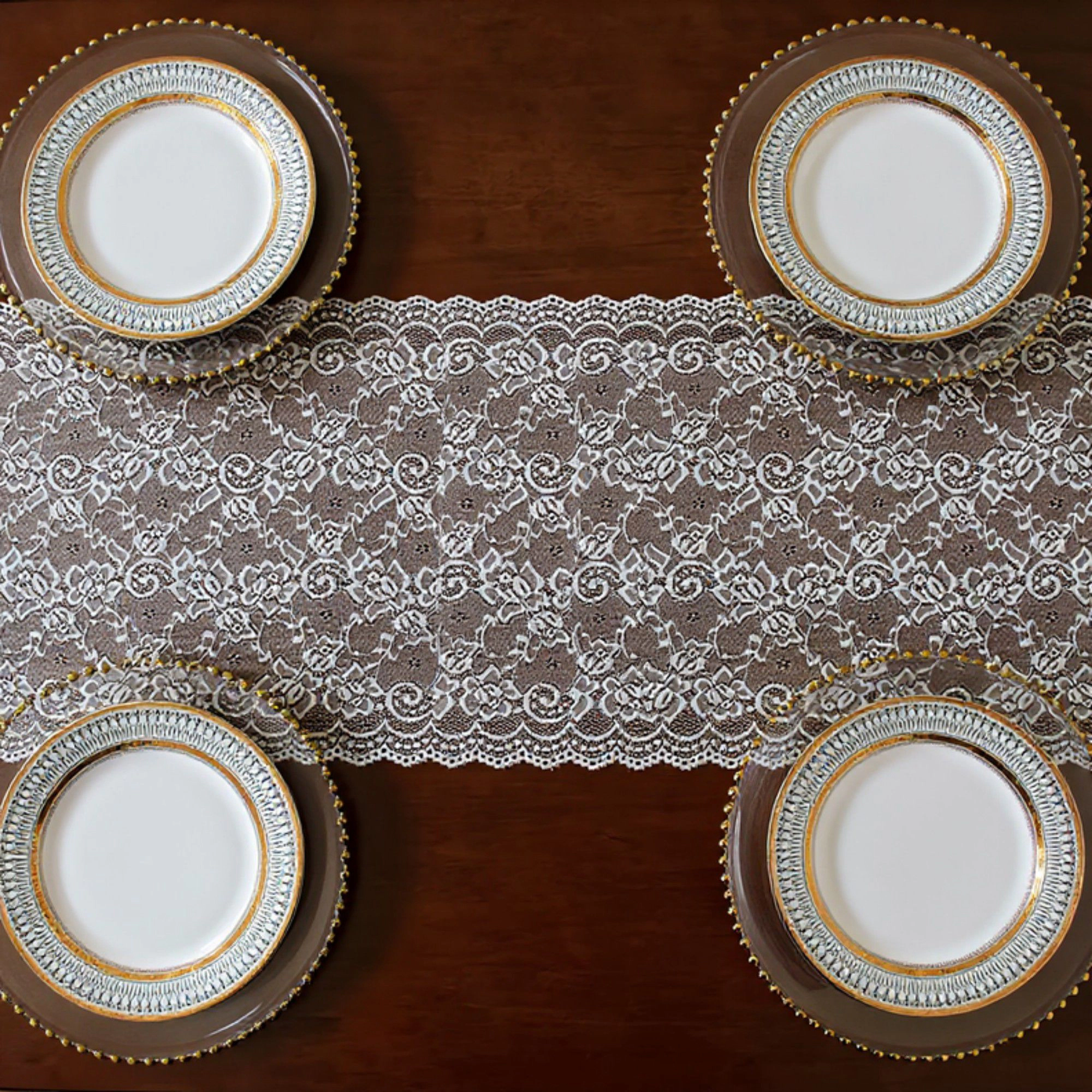Alilang Women Floral Lace Table Runner with Scalloped Edges and Sheer Overlay