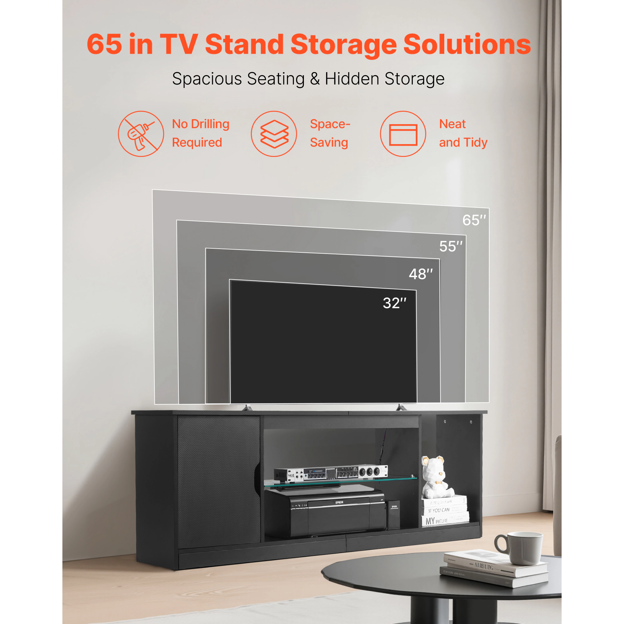 HONGGE TV Stand for TVs up to 65 Inch, Entertainment Center with Light Strip