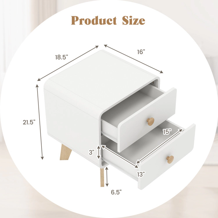 Hivvago Nightstand With 2 Drawers Solid Rubber Wood Legs