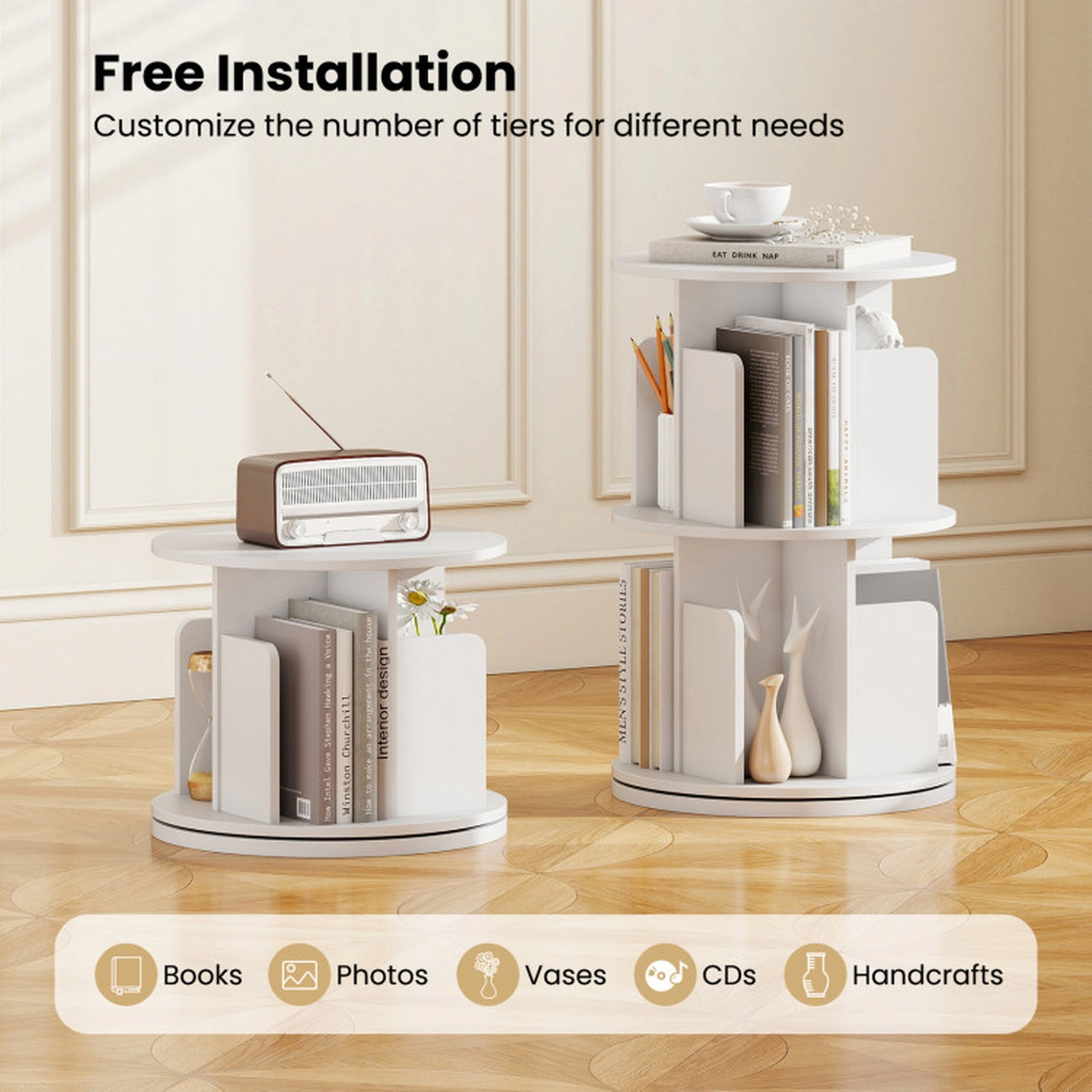 SUGIFT 2-Tier 145-lb Capacity White 26-in Rotating Spinning Bookshelf with Dividers Anti-Falling Baffles