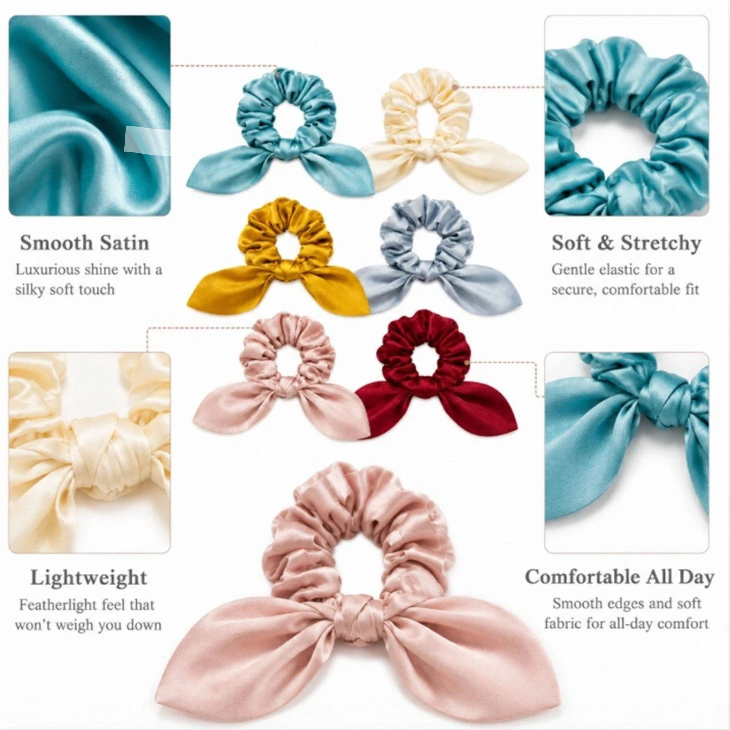 Home Collection Women Pack of 6 Satin Bow Scarf Scrunchies Soft Elastic Hair Ties