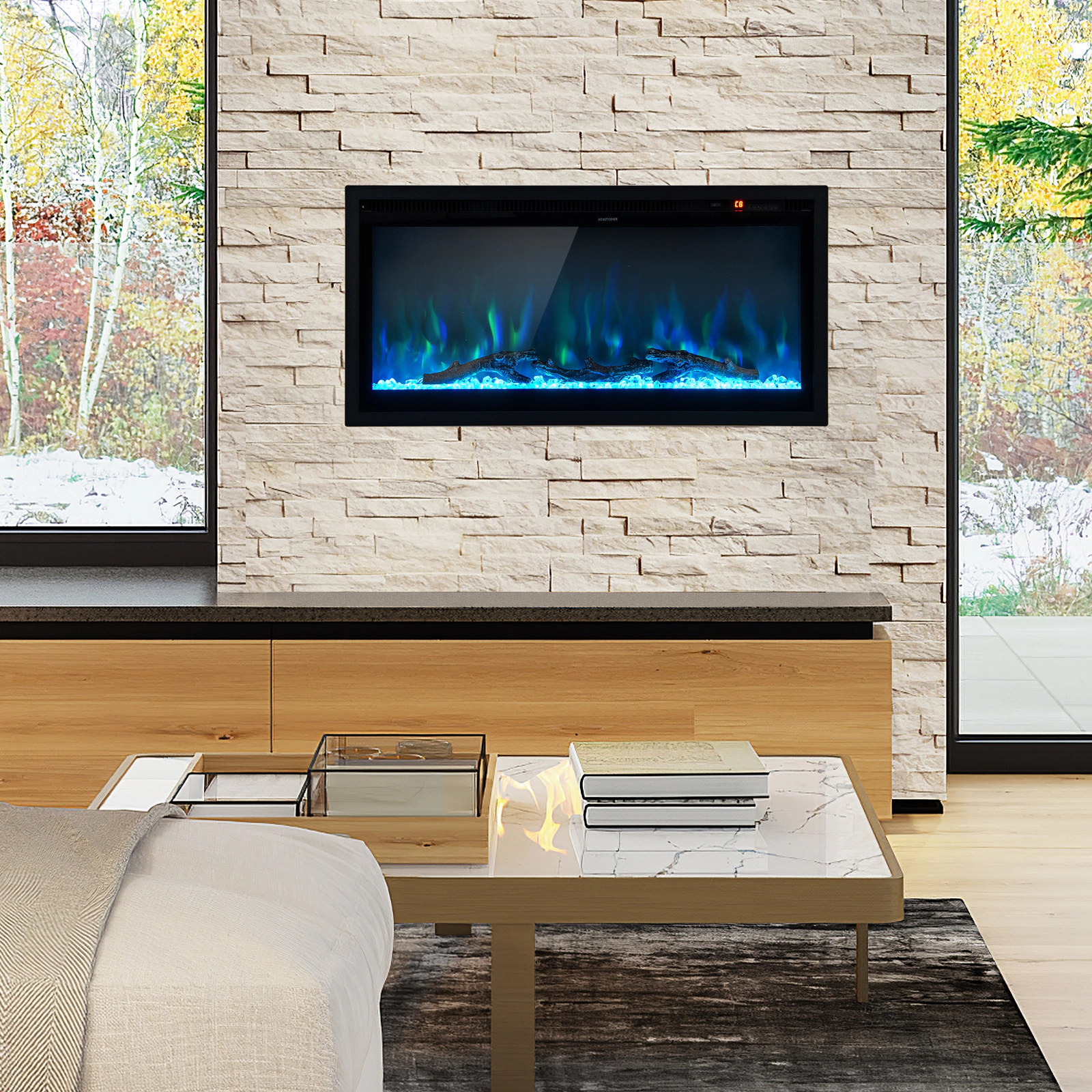 LJG Electric Fireplace in-Wall Recessed with Remote Control and Adjustable Color and Brightness