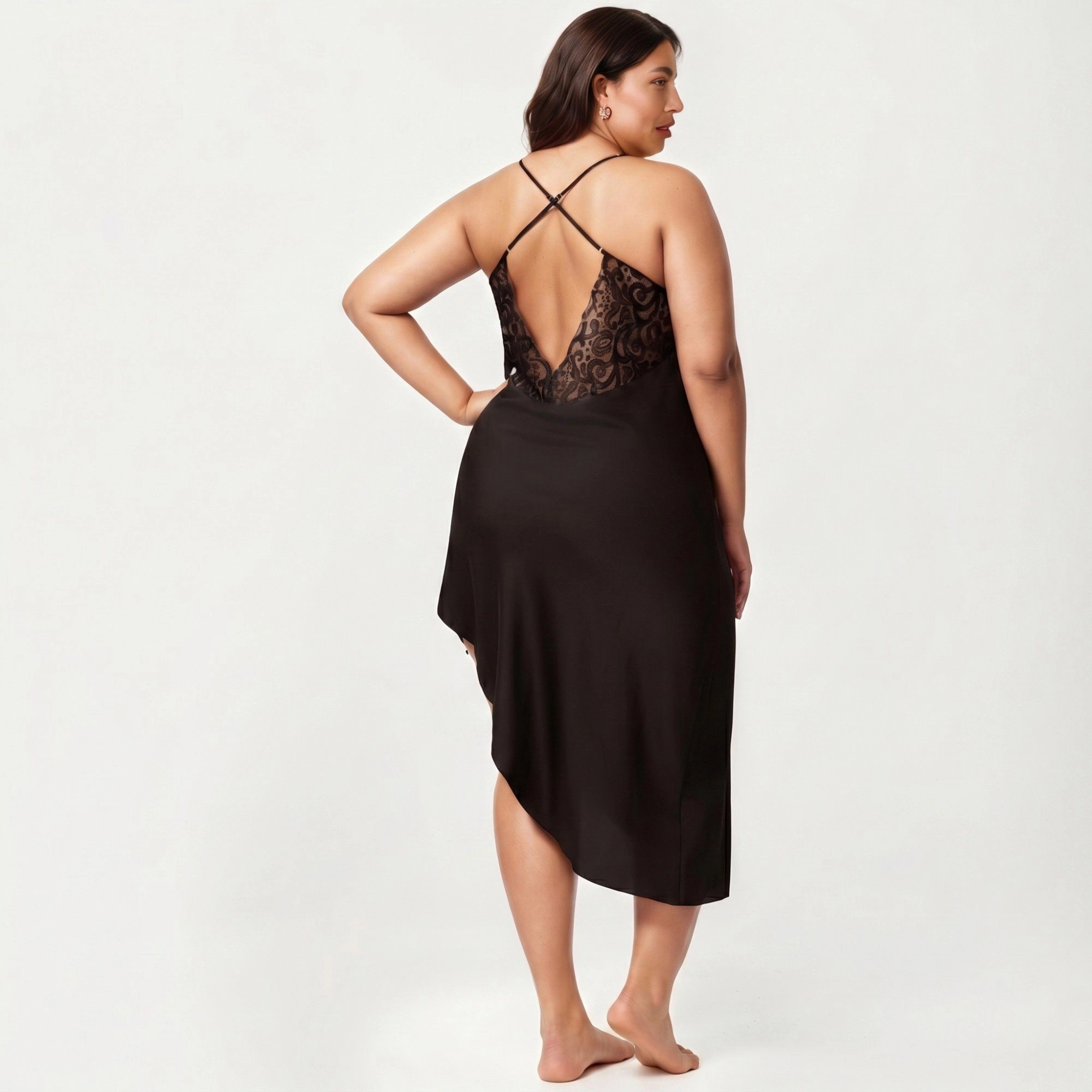 Anna-Kaci Women's Plus Lace Panel Slip Nightgown with Adjustable Spaghetti Straps V Neck Asymmetrical Hem Sleepwear