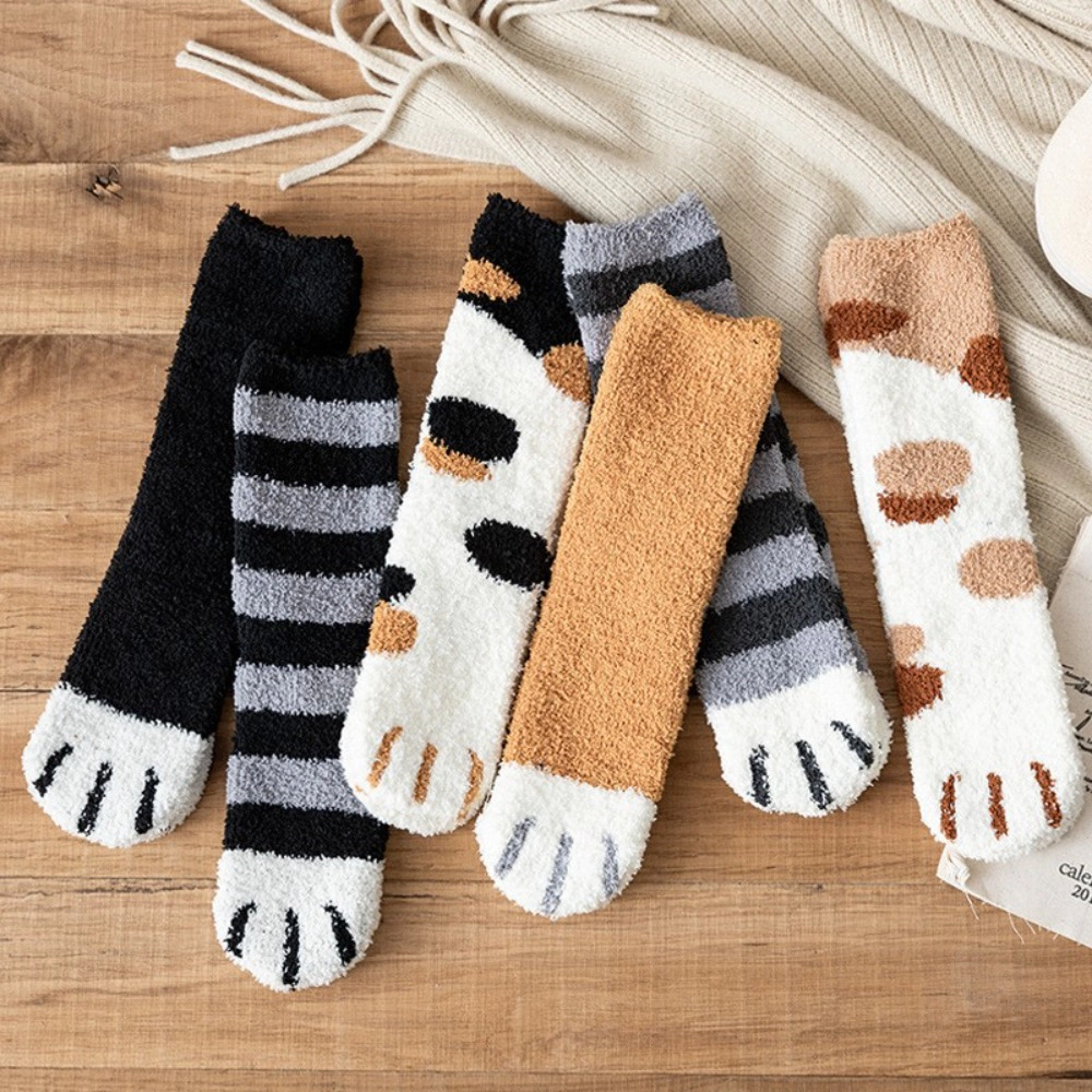 Wardrobe Whimsy 6 Pairs Women Cute Cat Paw Claw Fuzzy Socks Cozy Warm Fleece Socks