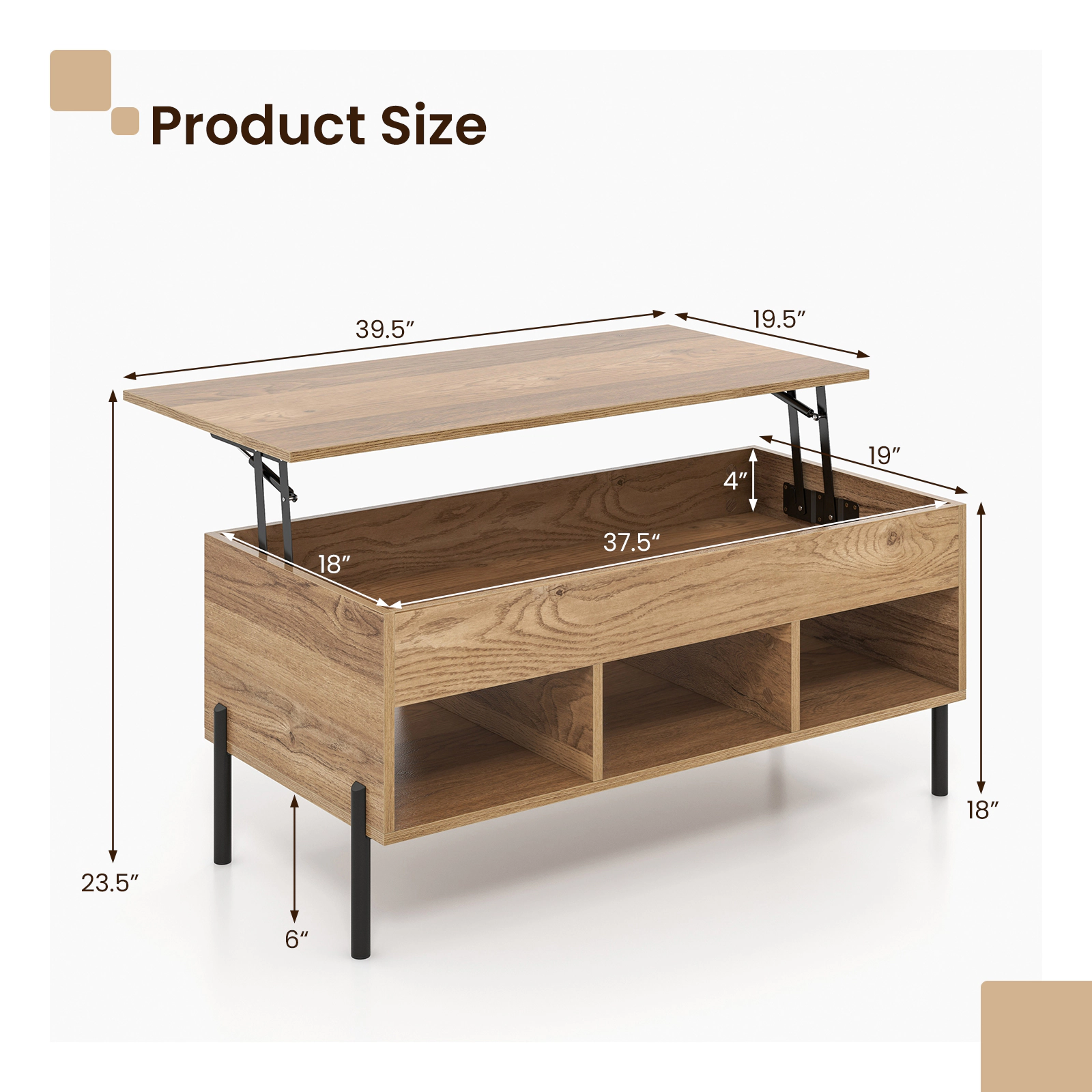 Glintex 39.5-Inch Lift-Top Coffee Table with 3 Open Cubbies and Metal Legs, Natural