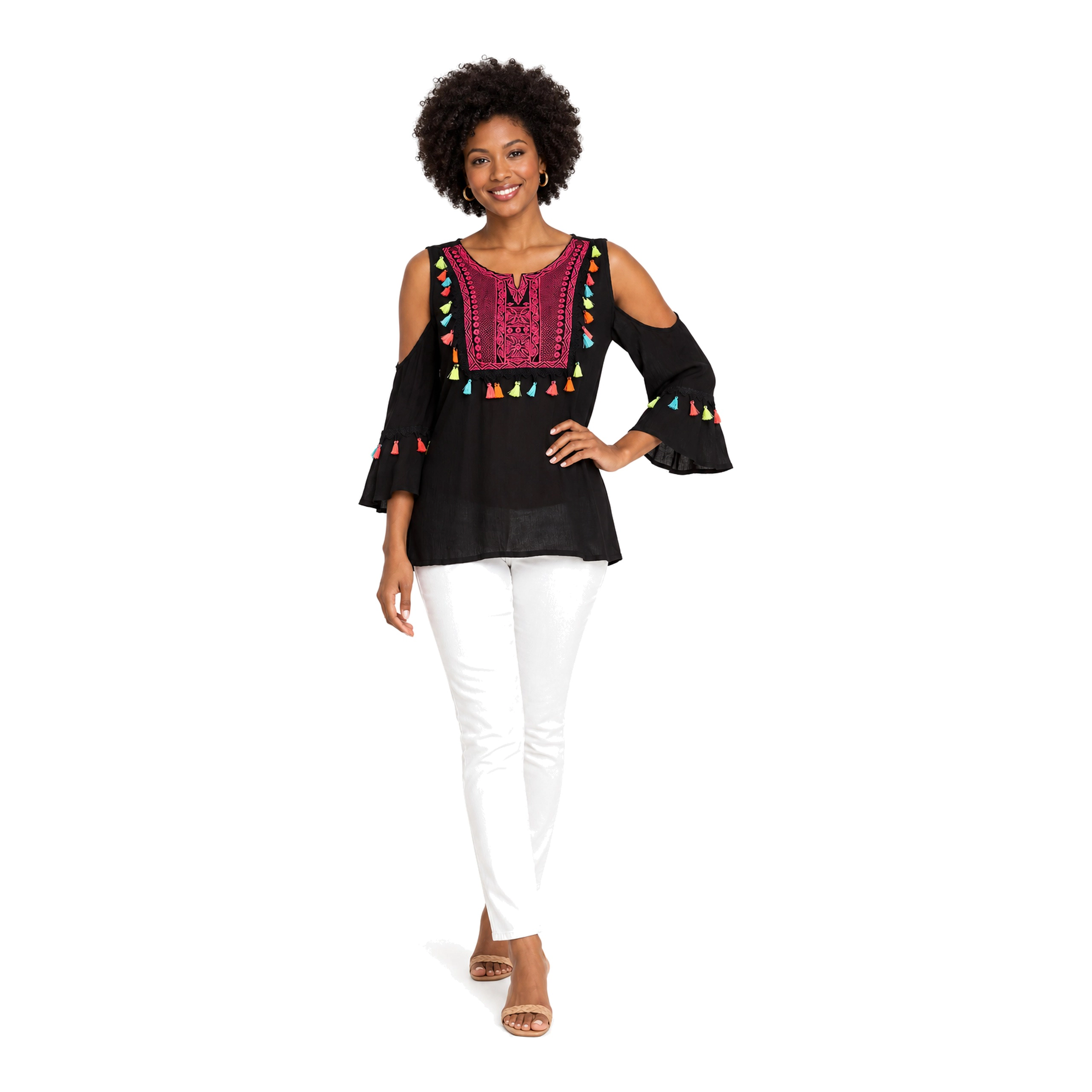 La Moda Clothing Women's Cold-Shoulder Tassel Cover-Up Top - Resortwear