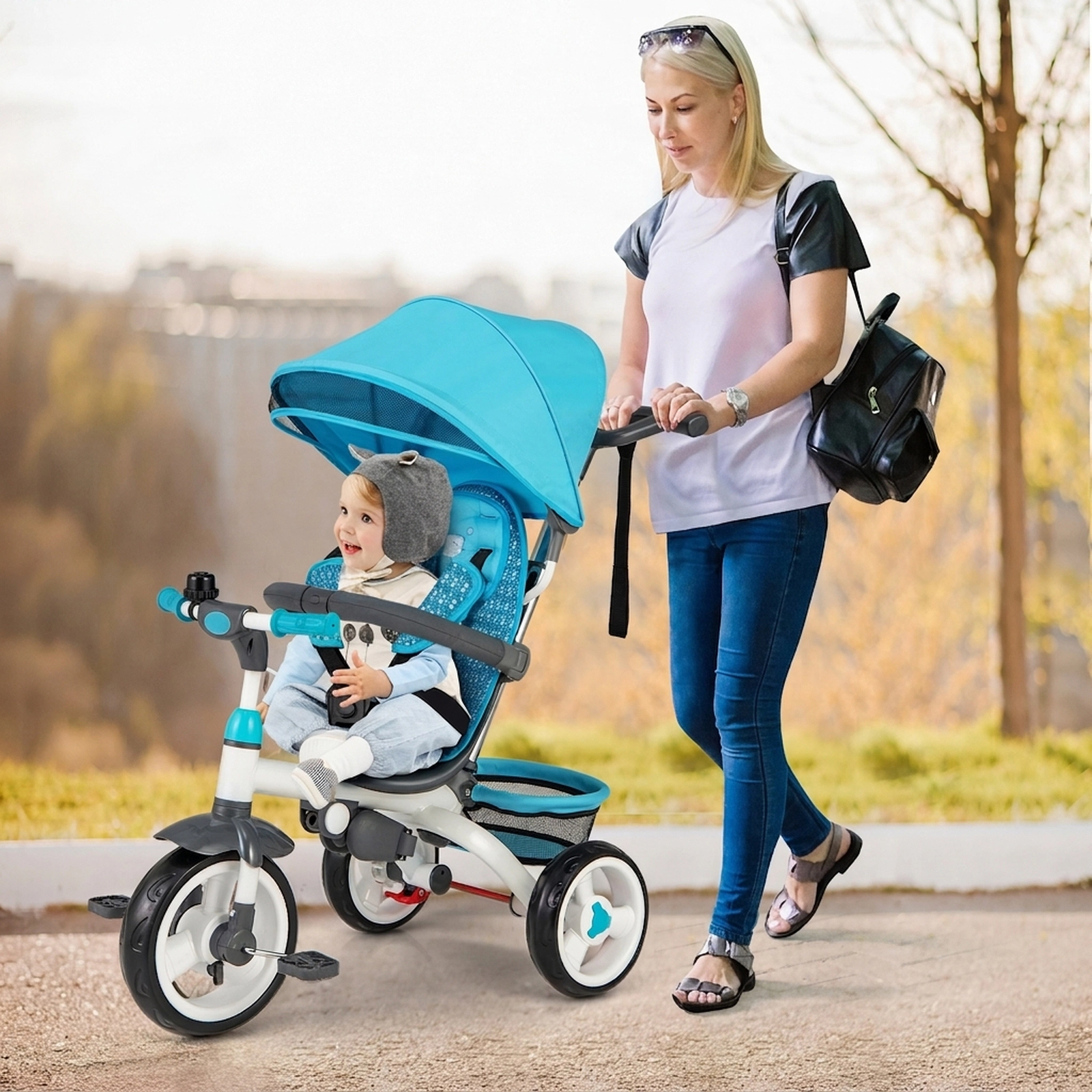 SUGIFT 5-in-1 Detachable Baby Stroller Tricycle with Round Canopy and Mesh Storage Basket Navy Blue