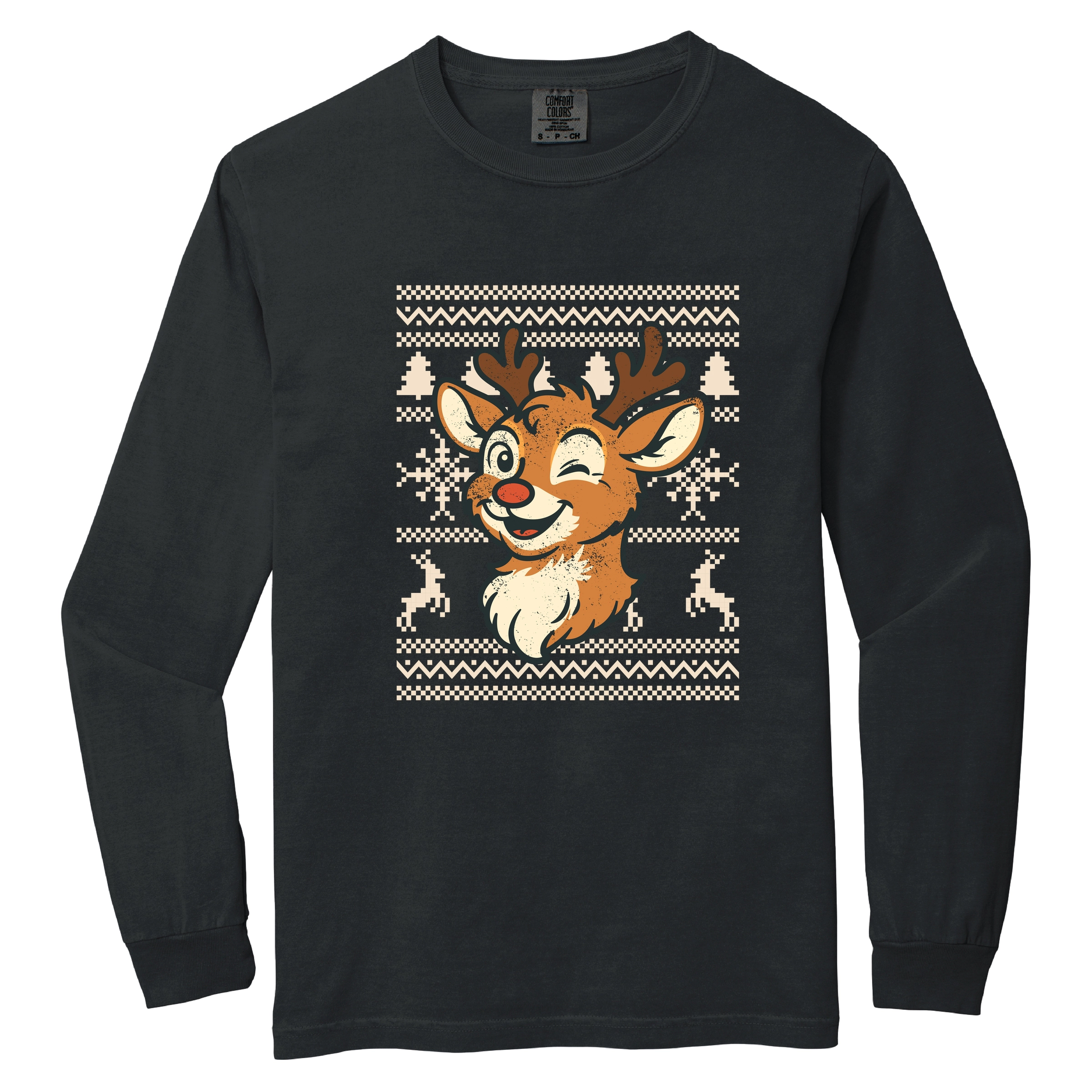 Simply Sage Market - Women's Garment Dyed Long Sleeve Graphic T-Shirt Ugly Sweater Reindeer