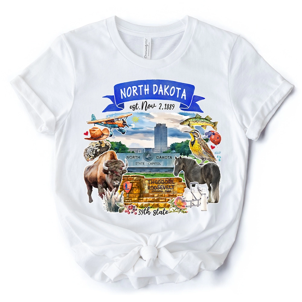 OrnamentallyYou Unisex Artistic North Dakota State Themes And Landmarks T-Shirt