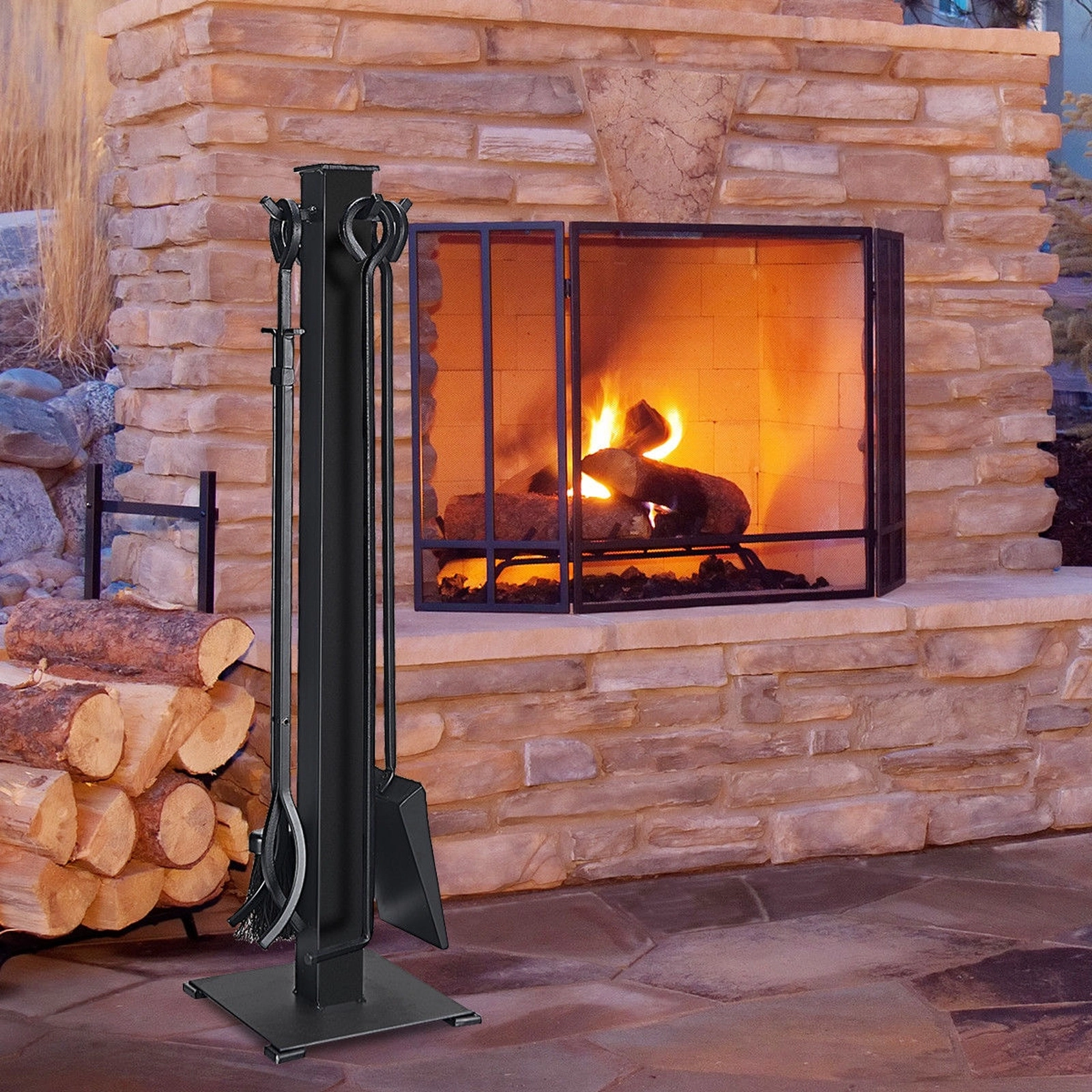 SUGIFT 5-Piece Side Hooks Rust-Resistant Steel Fireplace Tool Set 8.5-in x 8.5-in x 32-in Stand 14.5-lb Black