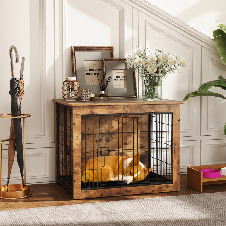 SUGIFT Dog Crate Furniture Rustic Brown with Cushion Double Doors and 176 lb Tabletop