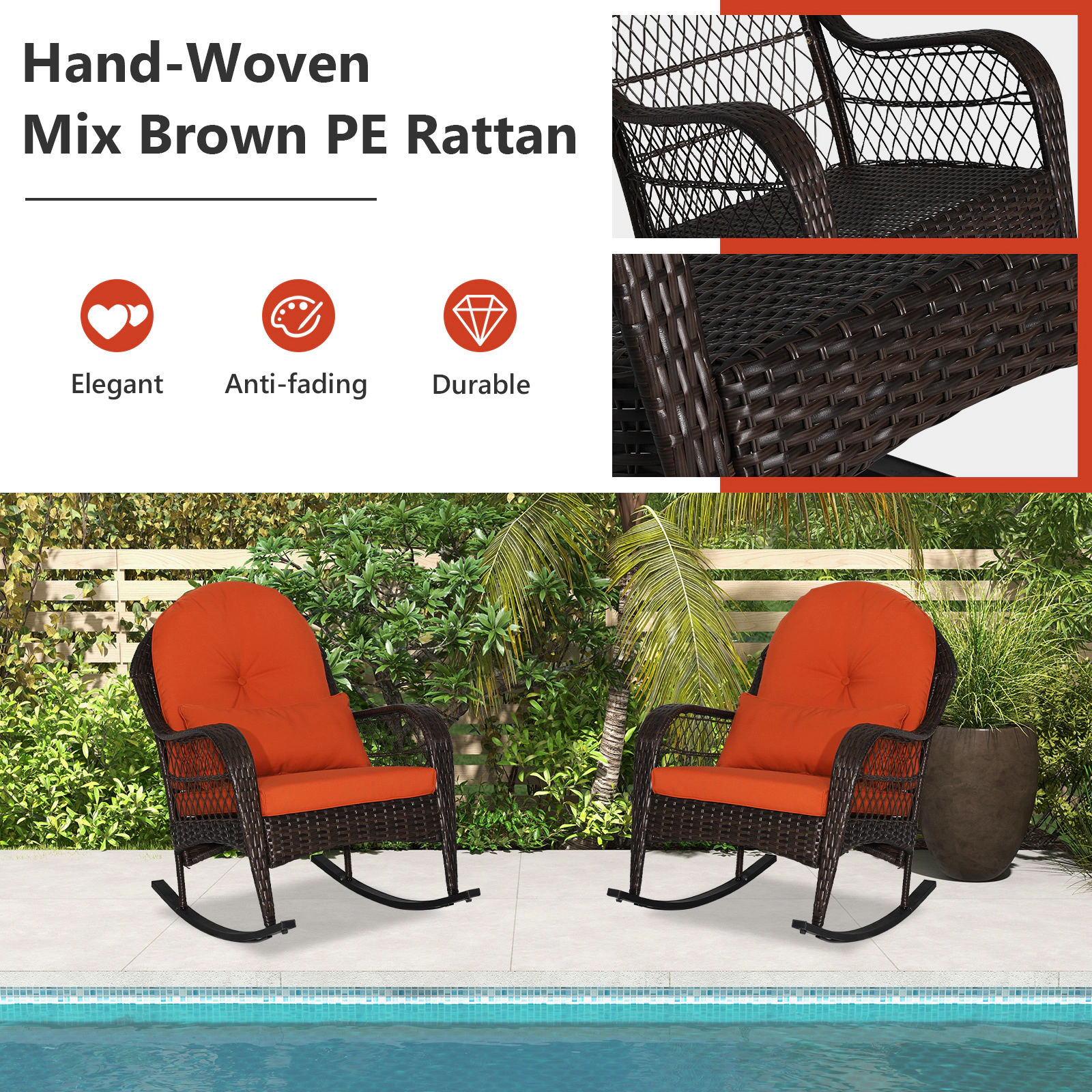 SUGIFT Outdoor PE Rattan Rocking Chair with Cushions and Lumbar Pillow