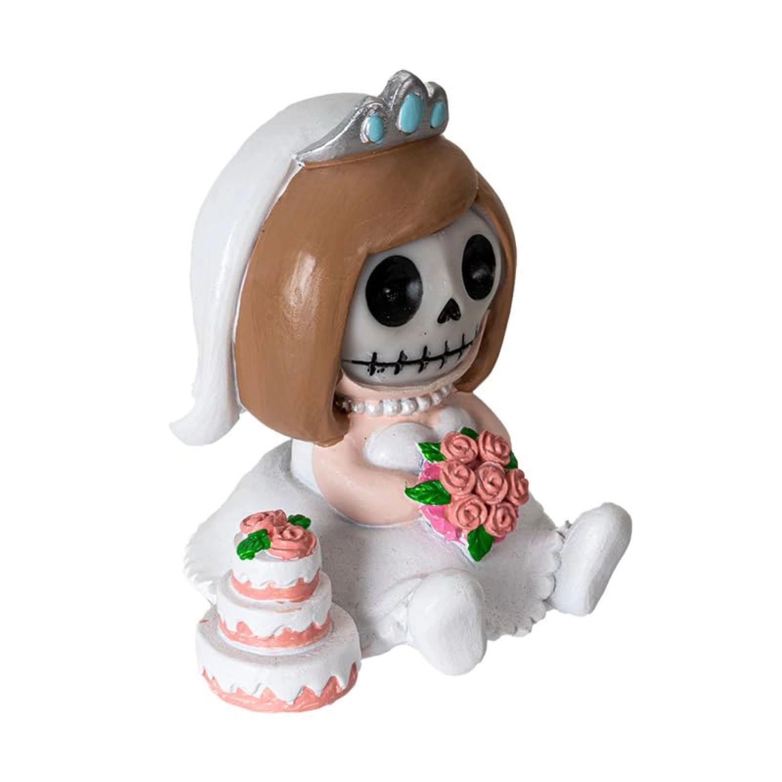 Pacific Giftware Mrs. Furrybones Figurine Skeleton Bride in Wedding Dress Holding Bouquet with Cake 3.15 Tall