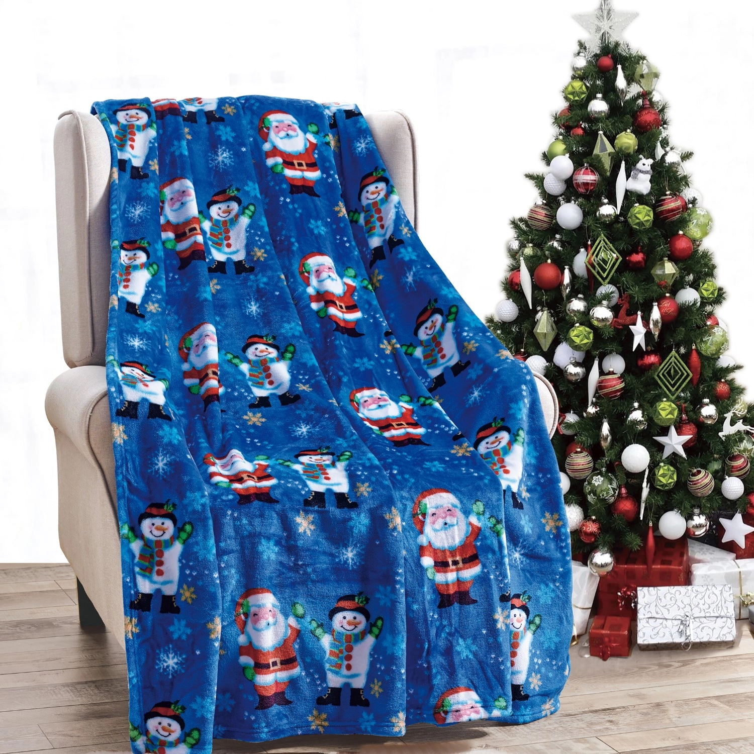 MicroPlush Printed Holiday Throw Blanket 50 x 60 Santa Snowman