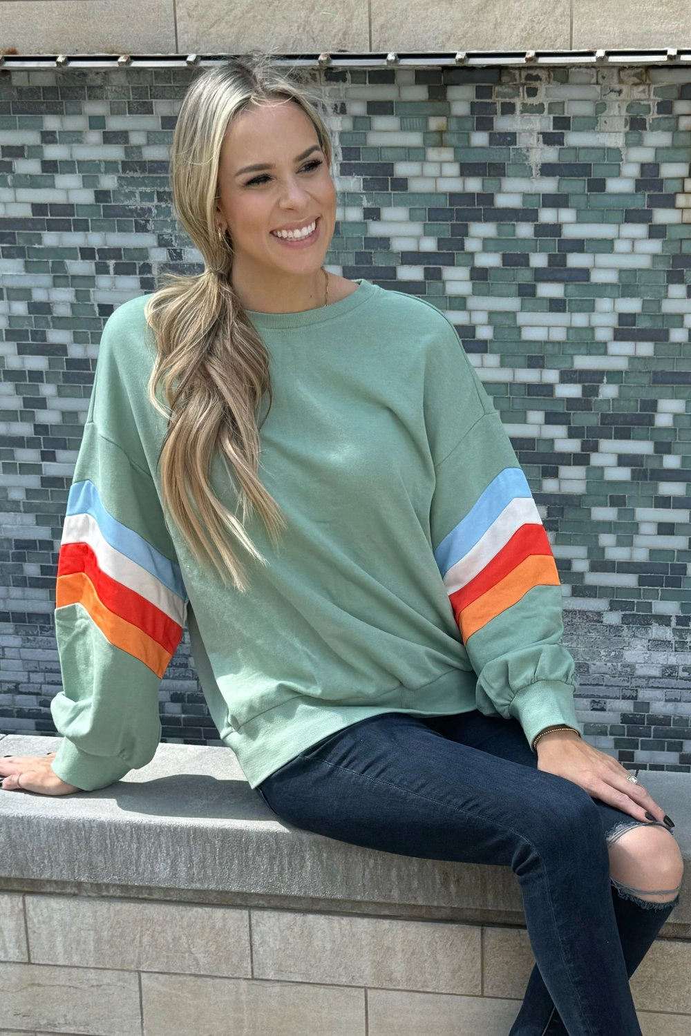 Threaded Pear Women's Ella Striped Sleeve Loose Sweatshirt