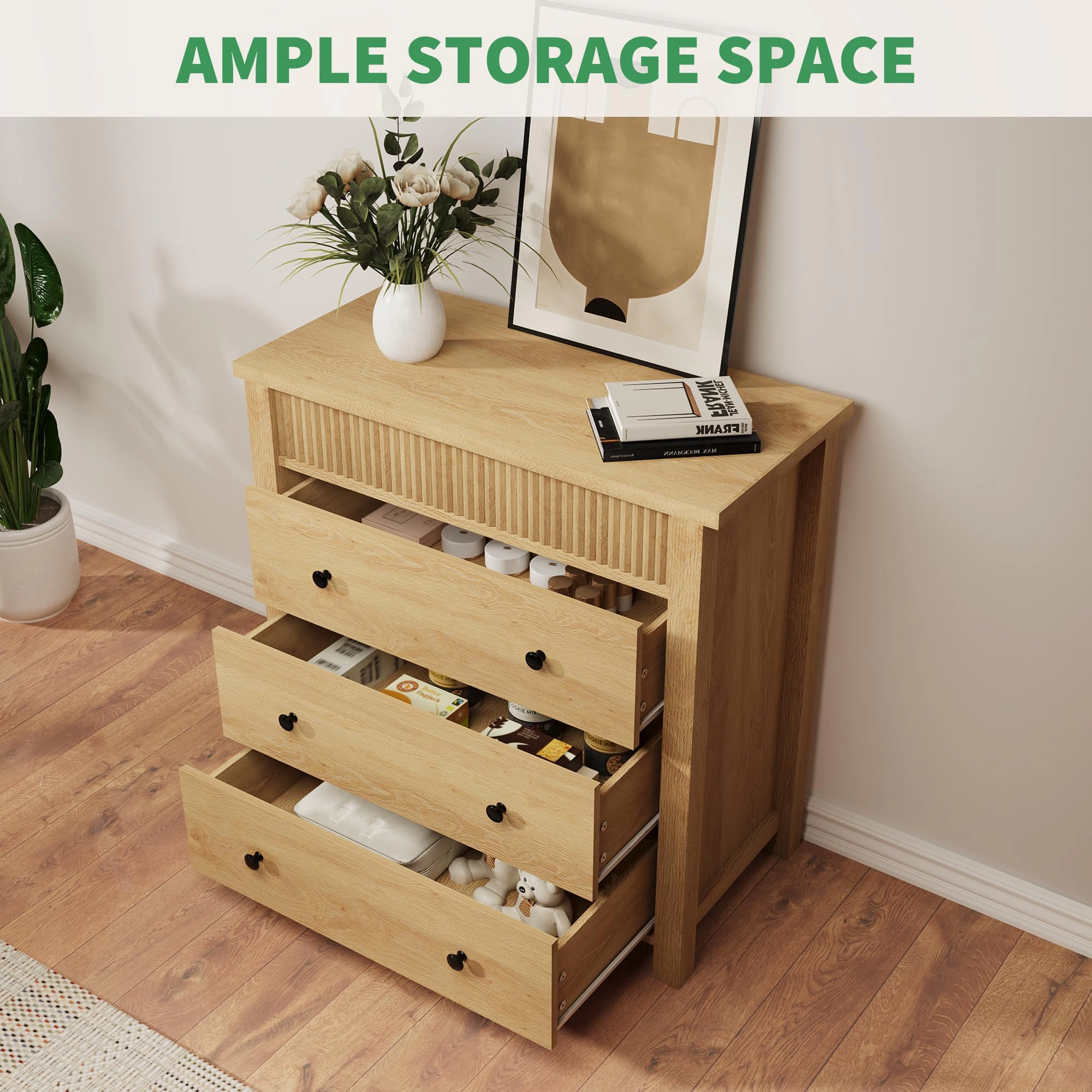 Modern Fluted 3 Drawer Nightstand, Wooden Storage Chest for Bedroom or Living Room