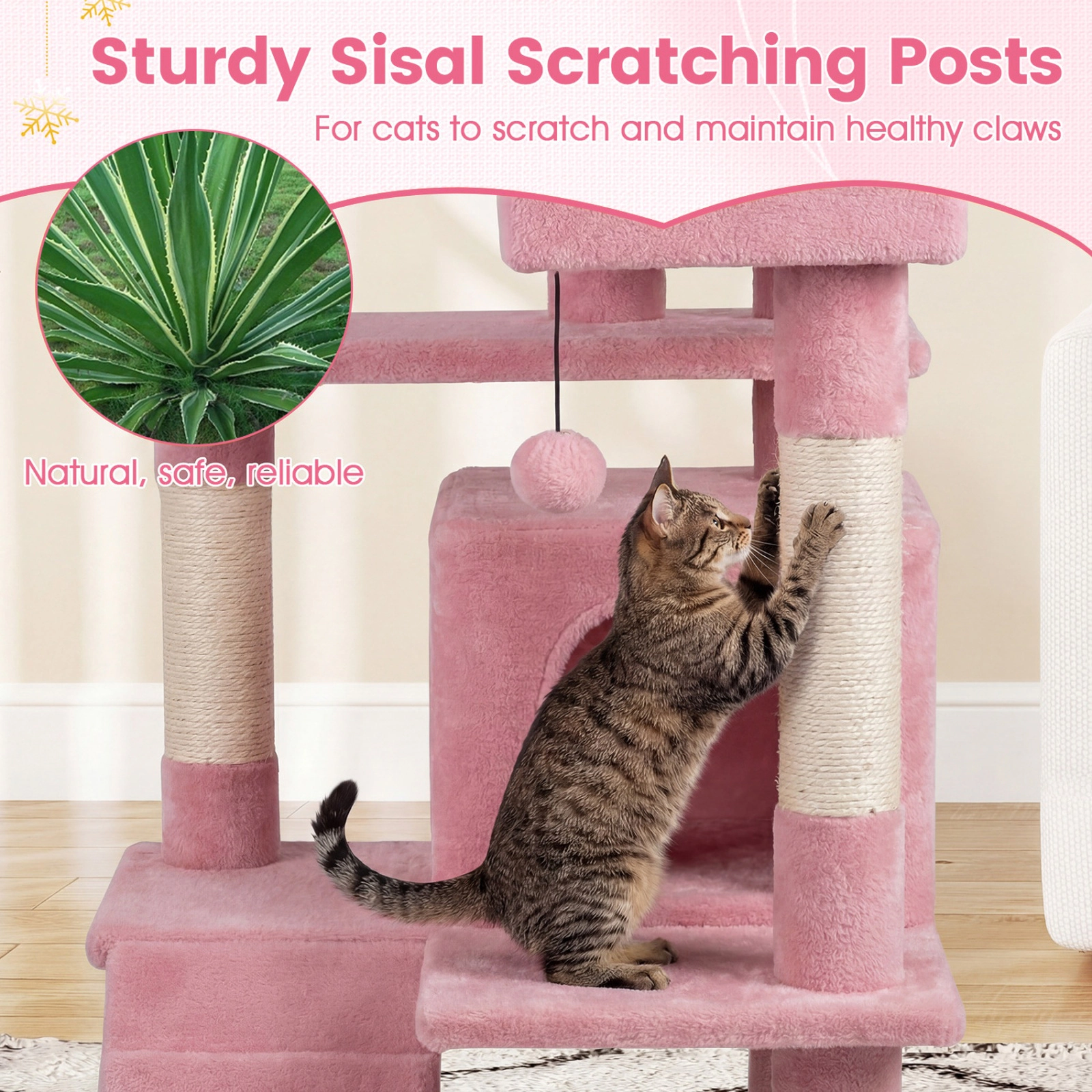 SUGIFT 52-in Pink Cat Tree Tower with Thick Padded 12-in Top Perch 2 Caves and Sisal Posts for Indoor Cats