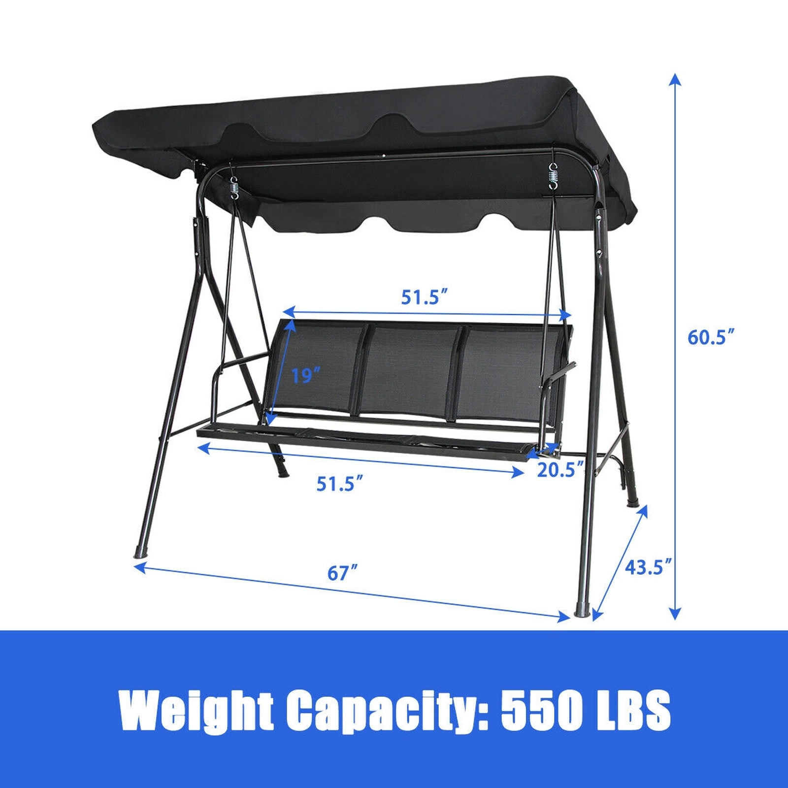 SUGIFT 67-in Wide 3 Person Patio Swing Chair with Polyester Angle Adjustable Canopy 550-lb Capacity Black/Brown/Blue