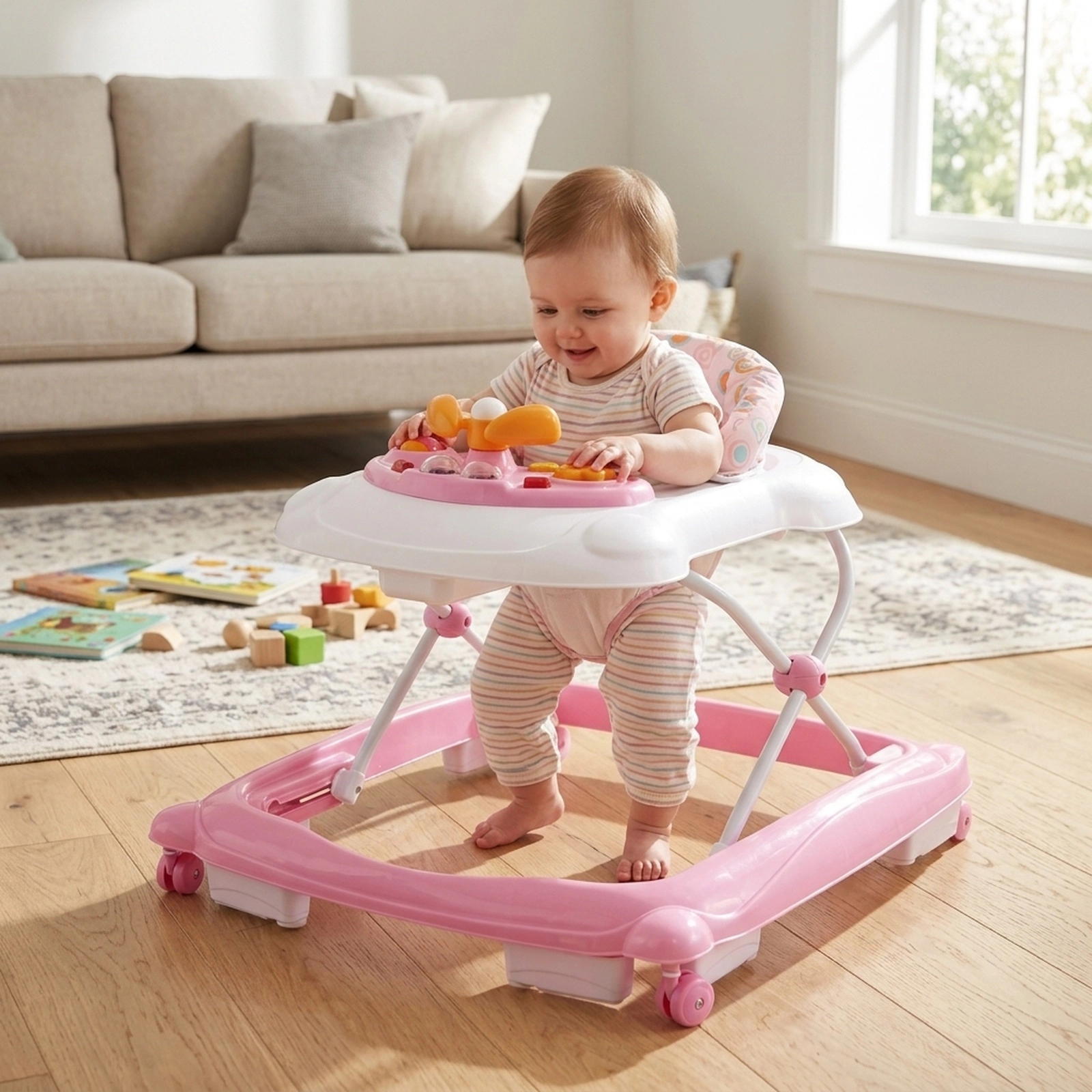 Foldable Baby Walker with 3 Tool-Free Height Settings Music Tray with Lights and Machine-Washable Padded Seat Pink