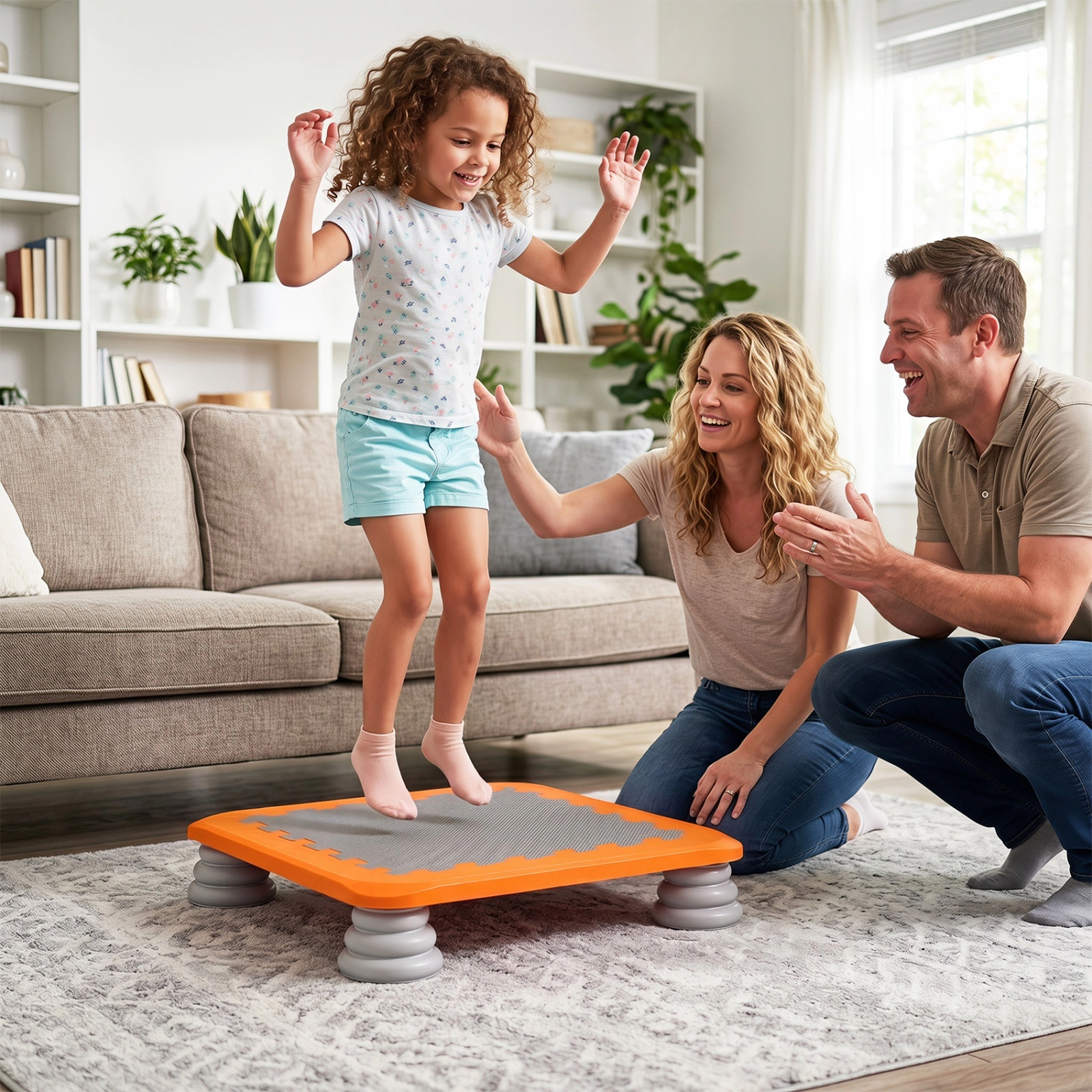 25.5-in Kids Mini Trampoline 4 Removable Non-Slip Foot Pads 5-in Low Profile Honeycomb Base EVA Surface Orange