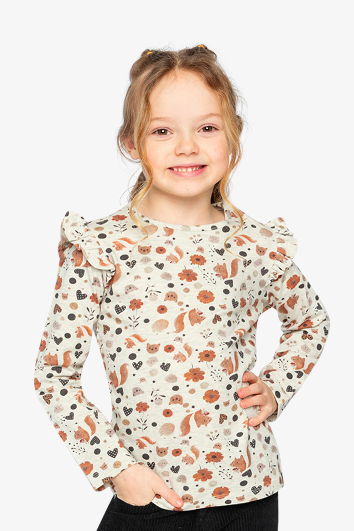 Deux par Girls Squirrel Print Ruffle-Shoulder Organic Cotton Long Sleeve T-Shirt