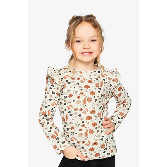 Deux par Deux Girls Squirrel Print Ruffle-Shoulder Organic Cotton Long Sleeve T-Shirt