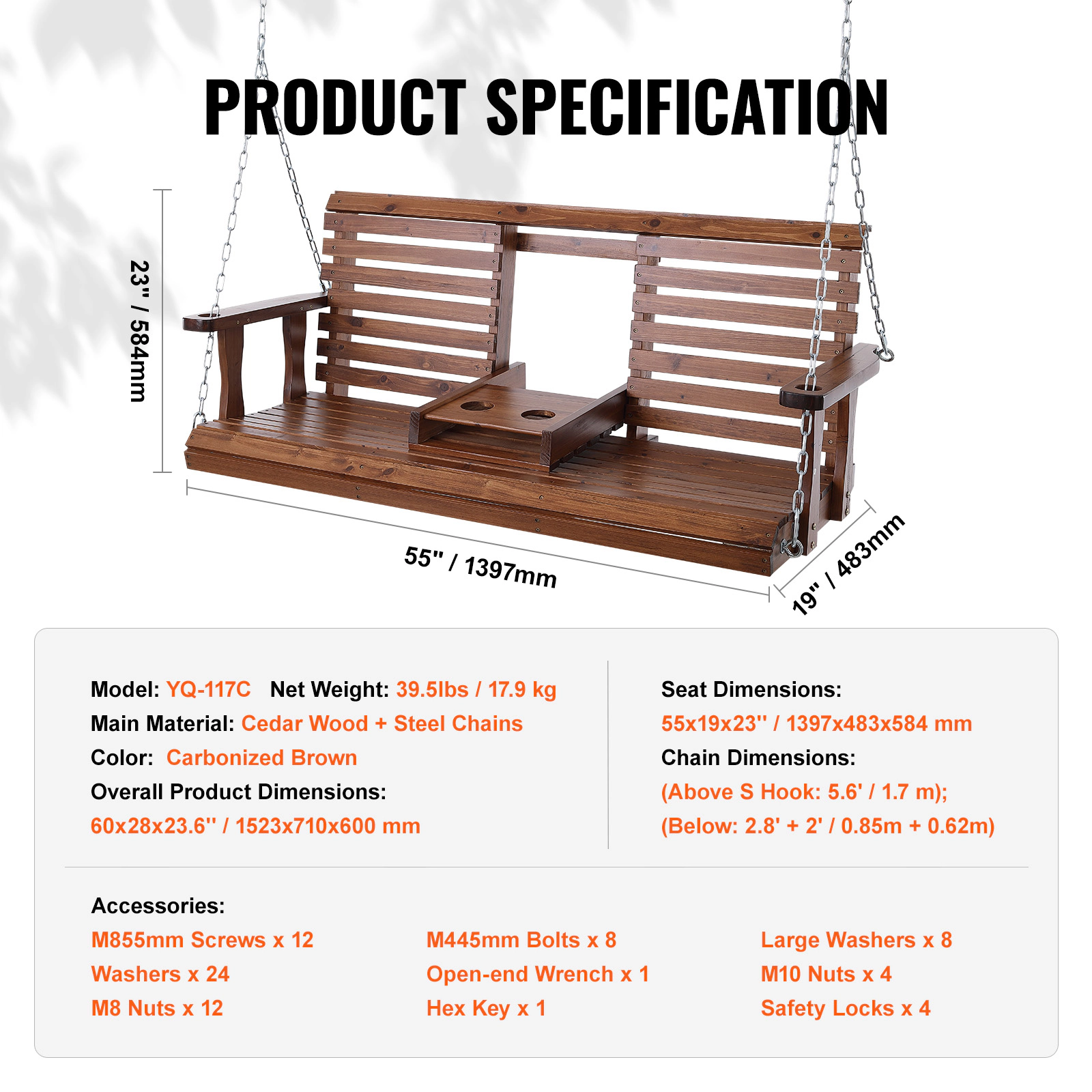 HONGGE 5 ft Cedar Wood Porch Swing with Hanging Steel Chains, Outdoor Patio Bench Seat, 880 lb Capacity, Brown