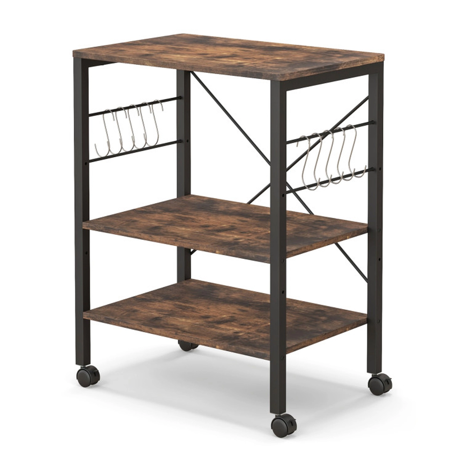 SUGIFT 3-Tier Kitchen Bakers Rack Rustic Brown Microwave Cart with 10 Hooks