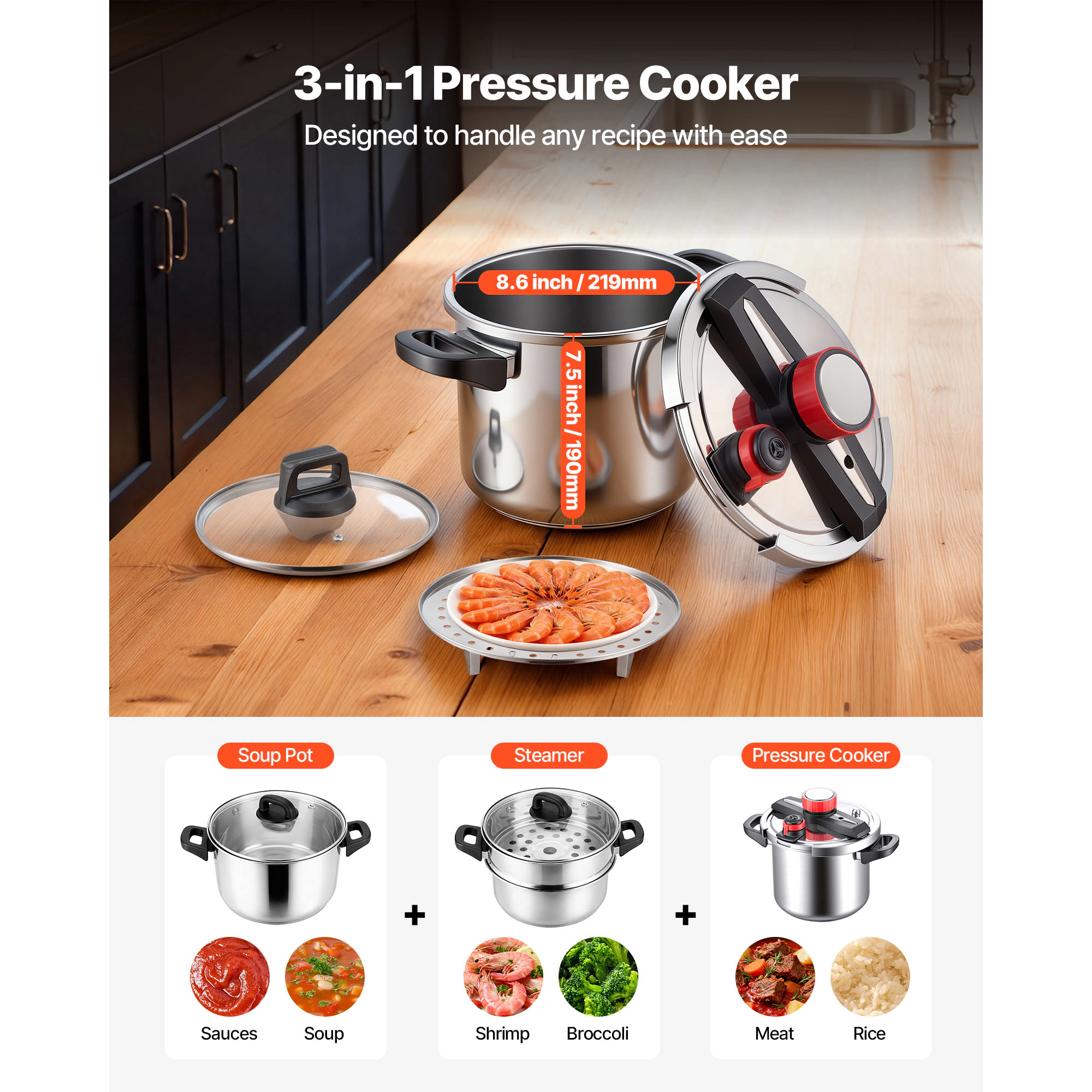HONGGE 8Qt Stainless Steel Stovetop Pressure Cooker & Canner with Steaming Rack, Tempered Glass Lid, 3 Settings