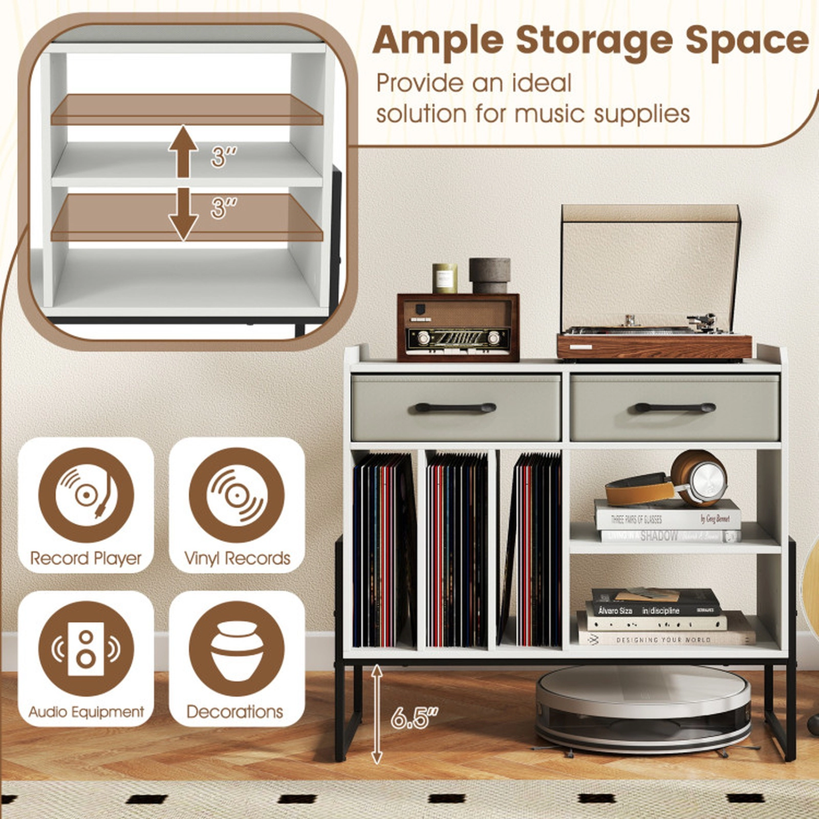 SUGIFT White 30-Inch Mid-Century Record Player Stand with Vinyl Storage and Charging Station