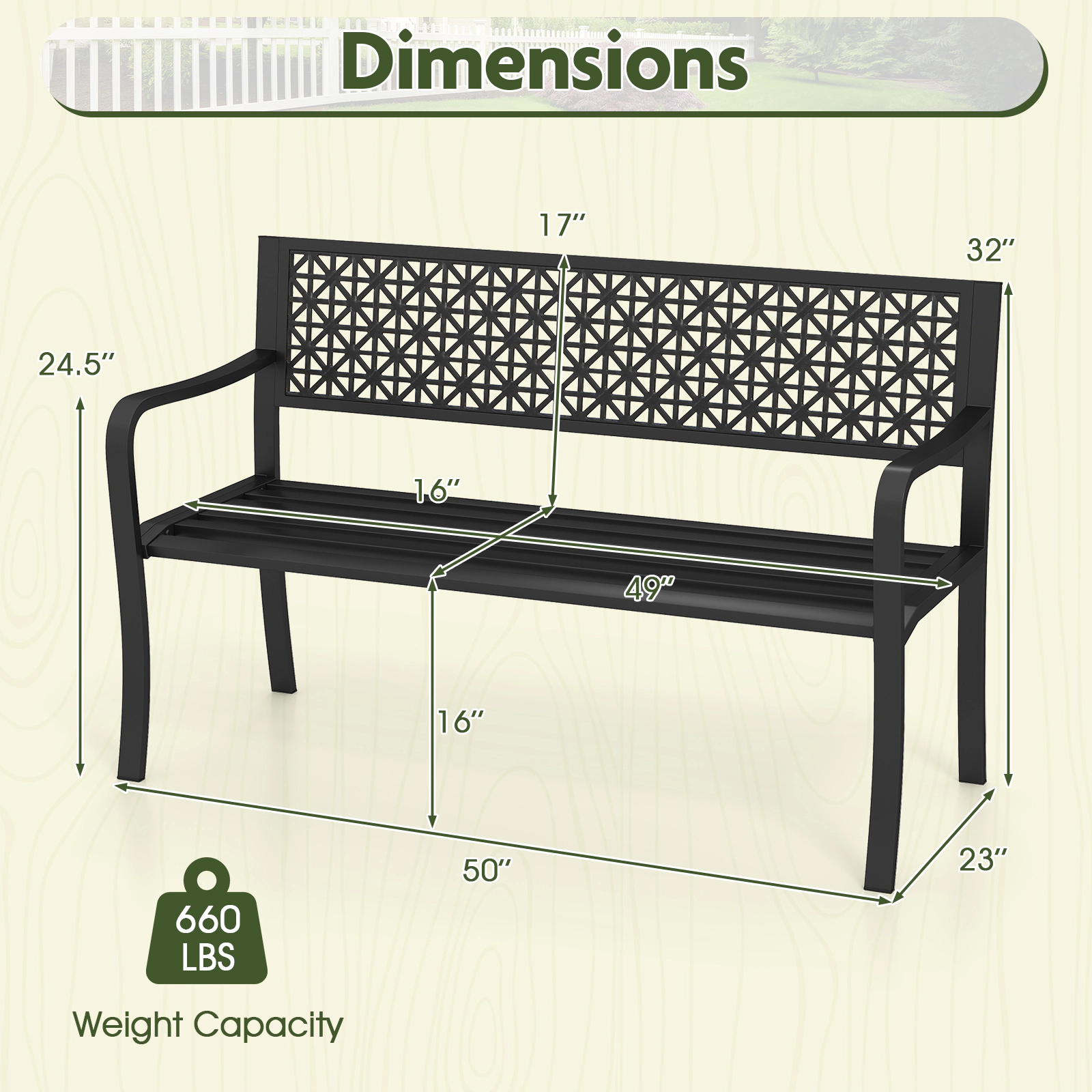 LJG 50 Inch Garden Bench with Patterned Backrest and Curved Armrests for 2-3 Person