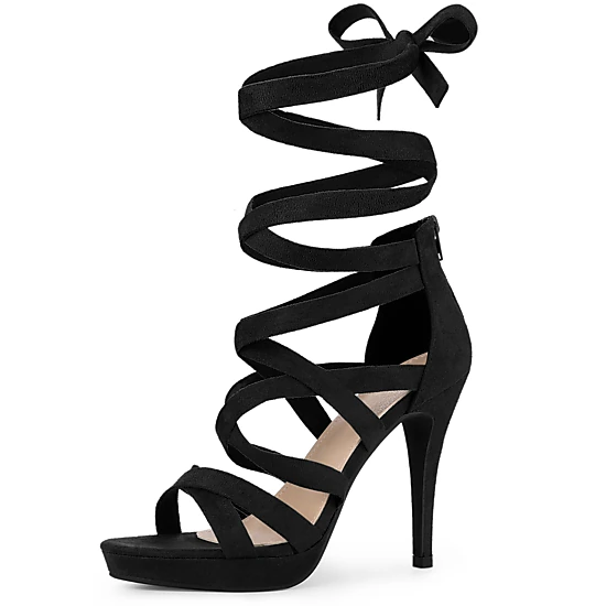 BLISSFUL STEP Women's Strappy Platform Lace Up Open Toe Stiletto Heels Sandals
