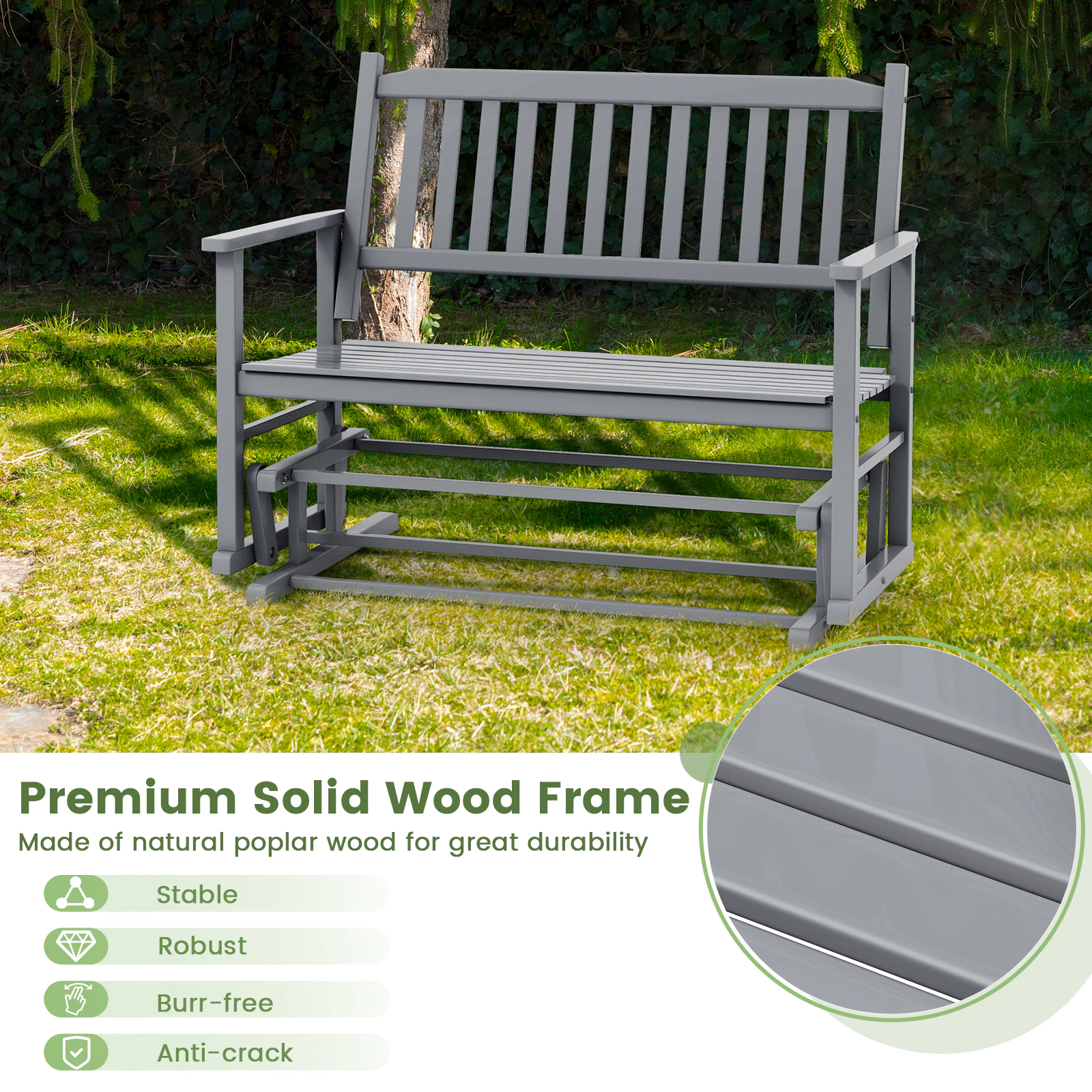 SUGIFT 2-Seat Poplar Wood Outdoor Glider Bench with Armrests and Slatted Seat 500-lb Capacity Gray