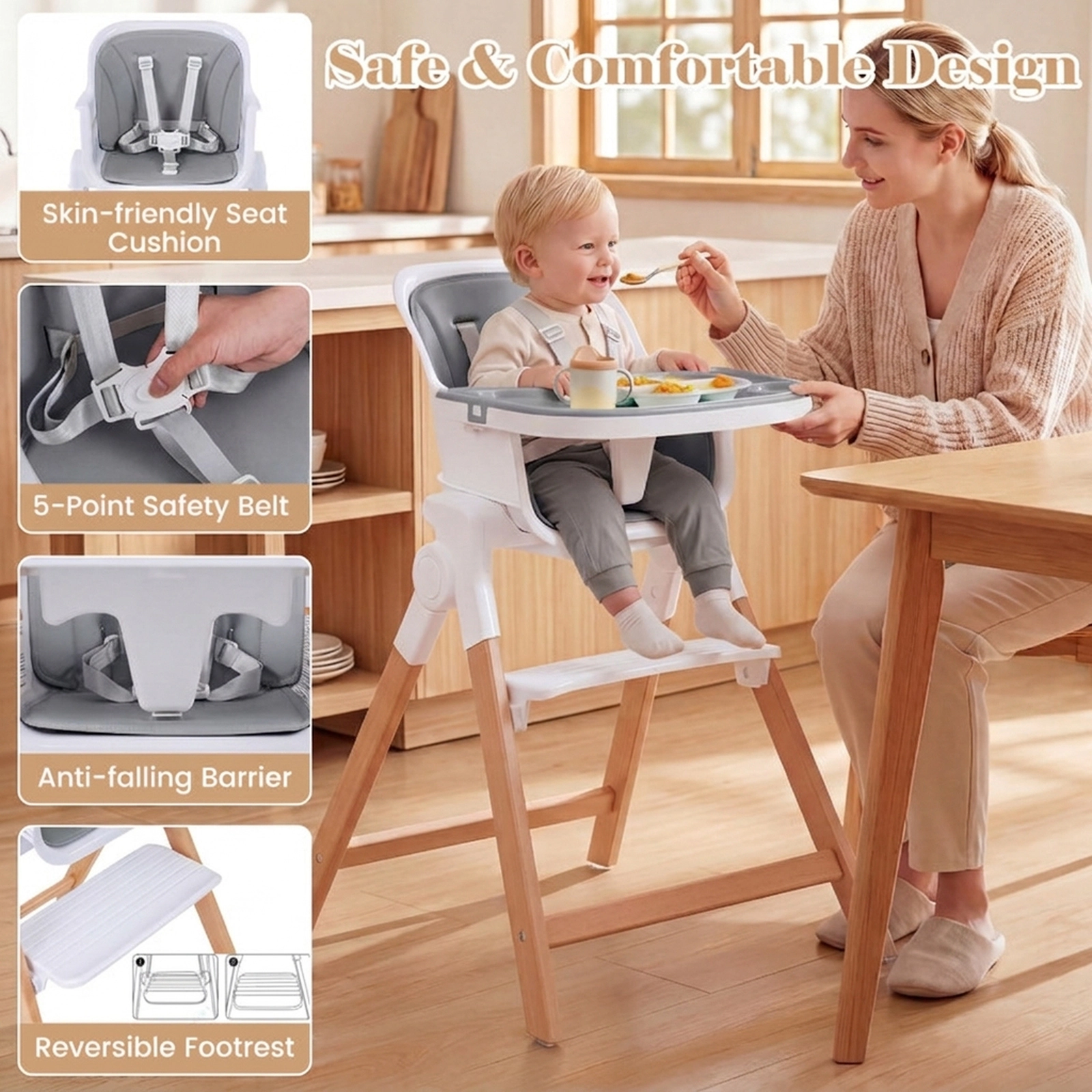 SUGIFT Gray Detachable Double Tray and Adult Stool 4-in-1 Convertible Baby High Chair