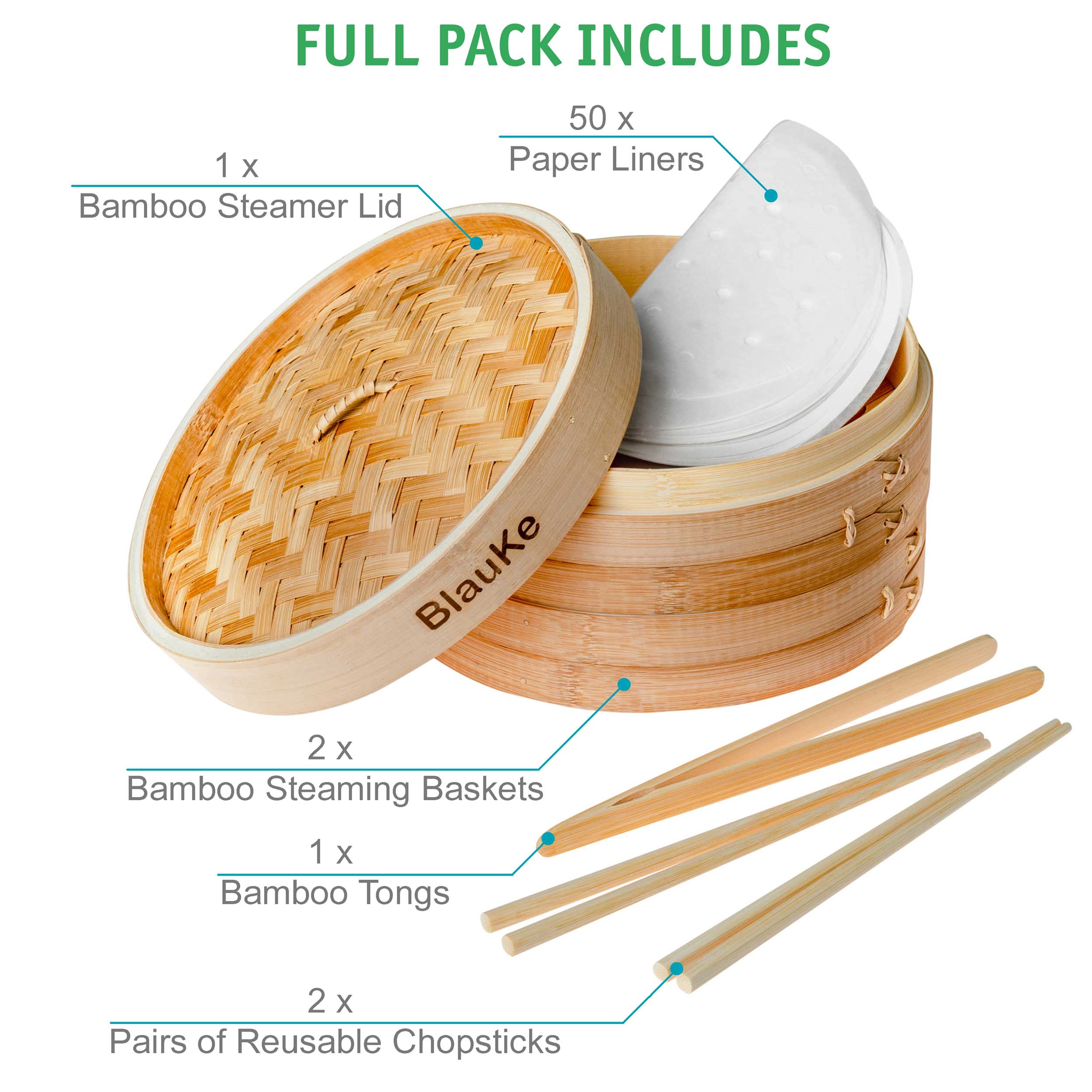 Bamboo Steamer for Cooking Dumplings, Veggies, Fish, Rice - 2 Pairs Chopsticks, Tongs, 50 Paper Liners