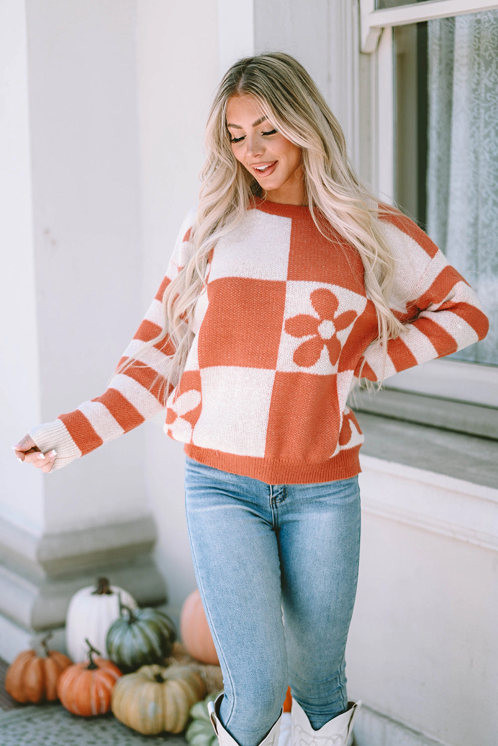 Threaded Pear Women's Miller Checkered Floral Striped Sleeve Sweater