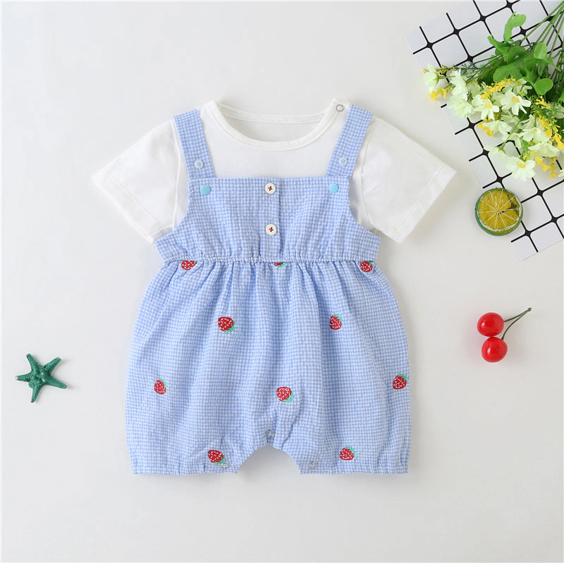 MyKids-USA Baby Girl Plaid Graphic Strawberries Embroidery Snap Button Jumpsuit & Solid Tee Sets