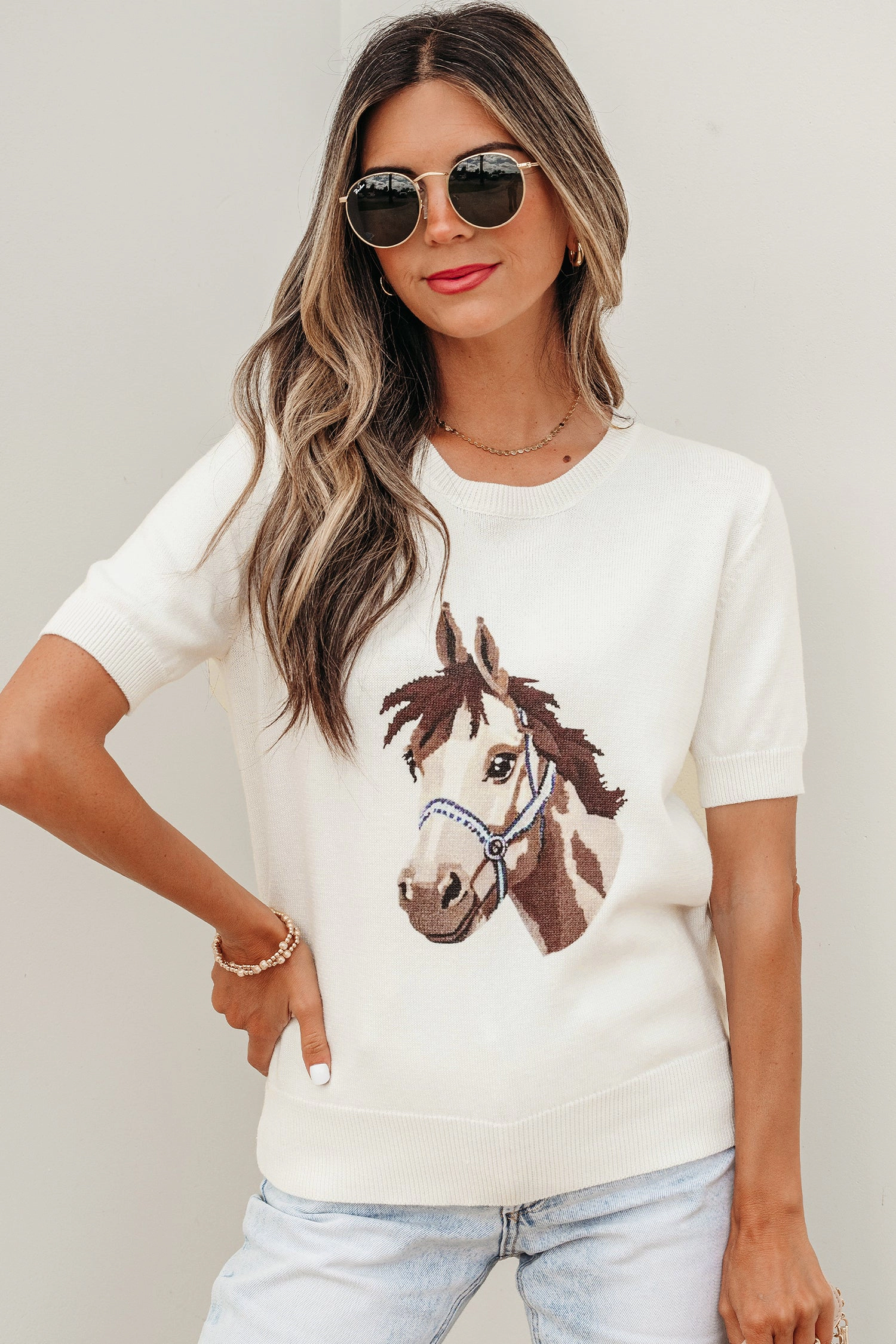 Threaded Pear Regina Printed Short Sleeve Sweater