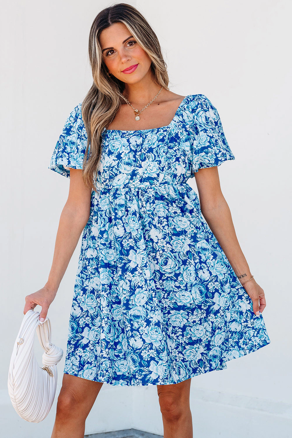 Threaded Pear Women's Azalea Floral Puff Sleeve Babydoll Mini Dress