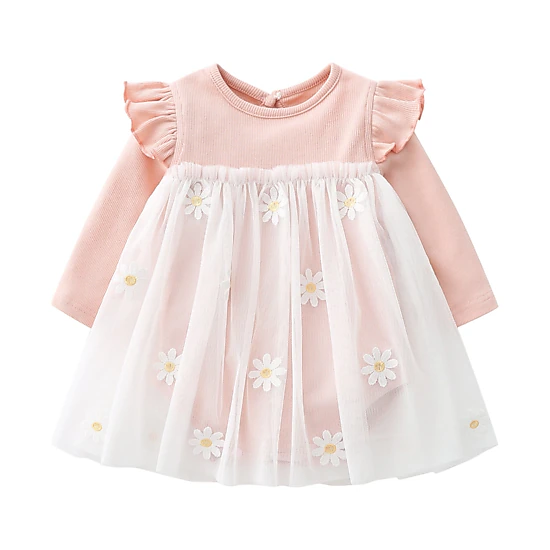 MyKids-USA Baby Girls Floral Lace Patchwork Ruffle Long-Sleeved Bodysuit Dress, Pink