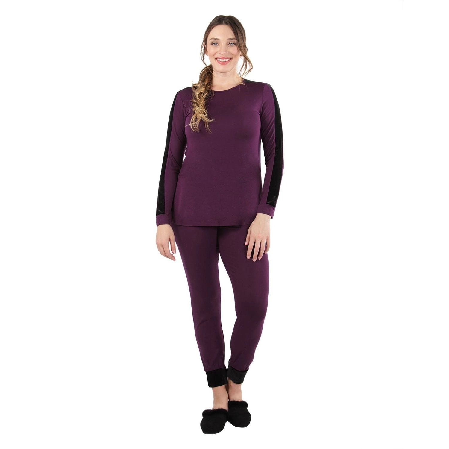 MeMoi Women's Velvet Racing Stripe Trim Long Sleeve Pajama Set