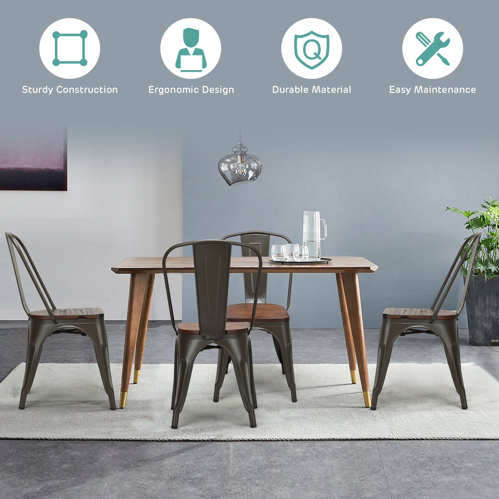 SUGIFT Set of 4 Stackable Metal Wood Dining Chairs 17.7-in Seat Height 300-lb Capacity 17 x 21 x 33-in Dark Green